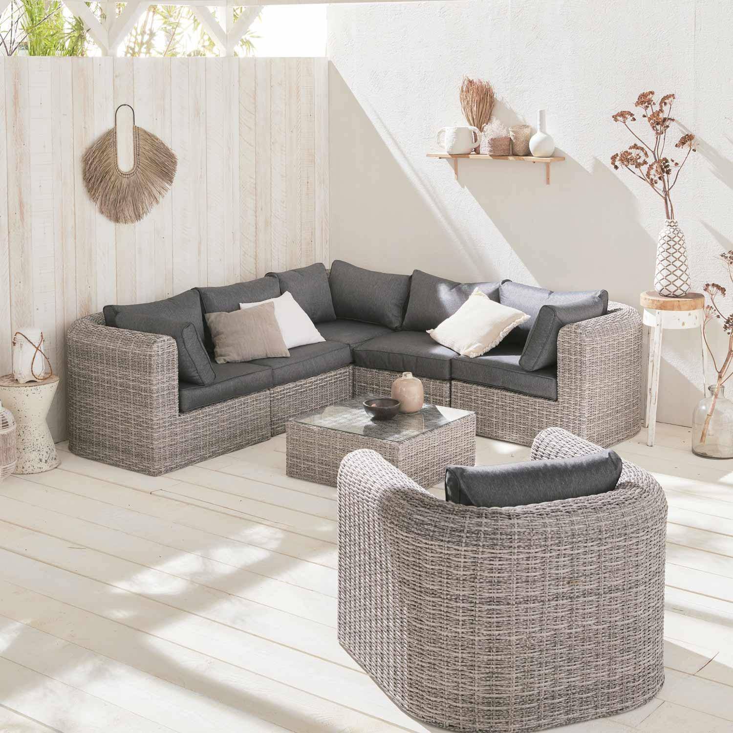 Salon de jardin en résine tressée arrondie - Tonico - Aspect Rotin, Coussins gris foncé chiné - 6 places, 3 tailles de résine arrondie Photo1