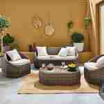 Salotto da giardino in resina intrecciata arrotondata - Modello: Ritardo - Colore: Sfumature di grigio scuro, cuscini ecru - 4 posti a sedere Photo1