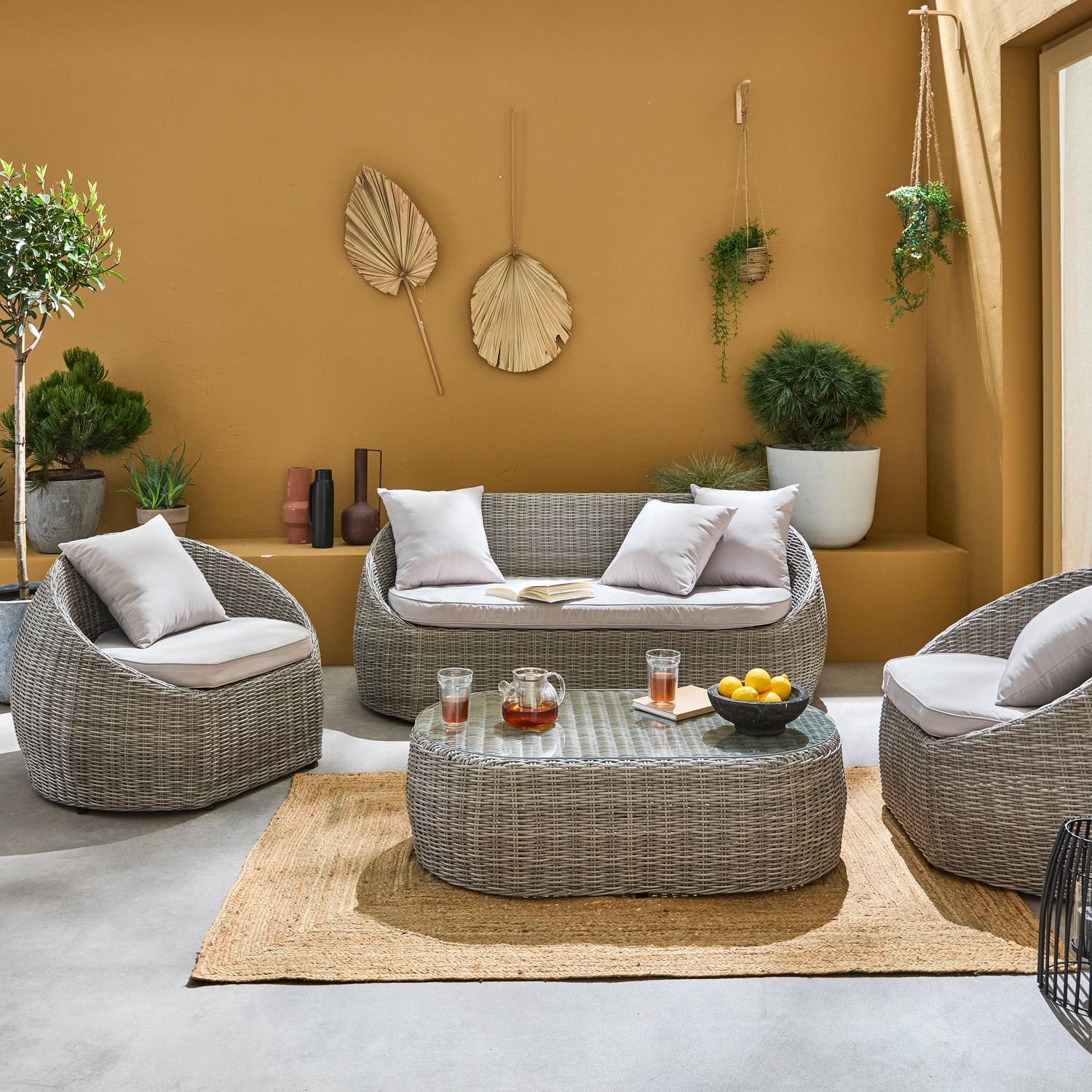Móveis de jardim, conjunto de sofás de exterior, cinzento-claro natural, 4 lugares, rotim (aspeto vime) sintético, resina trançada redonda - Ritardo Photo1