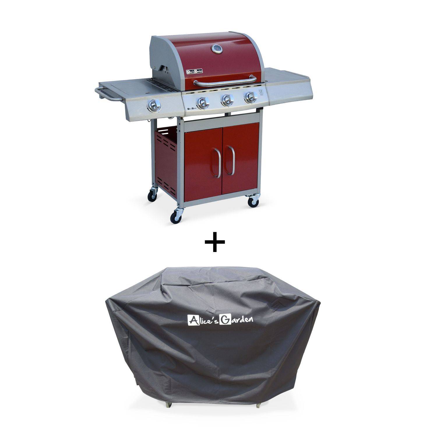Barbecue gaz inox 14kW – Richelieu rouge 3 brûleurs + 1 feu latéral, côté grill et côté plancha, Connecteur gaz G1/2 et housse de protection inclus Photo1