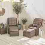 Set mit 2 Relax-Sesseln aus abgerundetem Polyrattan mit Fußstütze und Couchtisch - Barletta Grau - Rattan-Look, beigefarbene Kissen, Aluminiumgestell Photo2