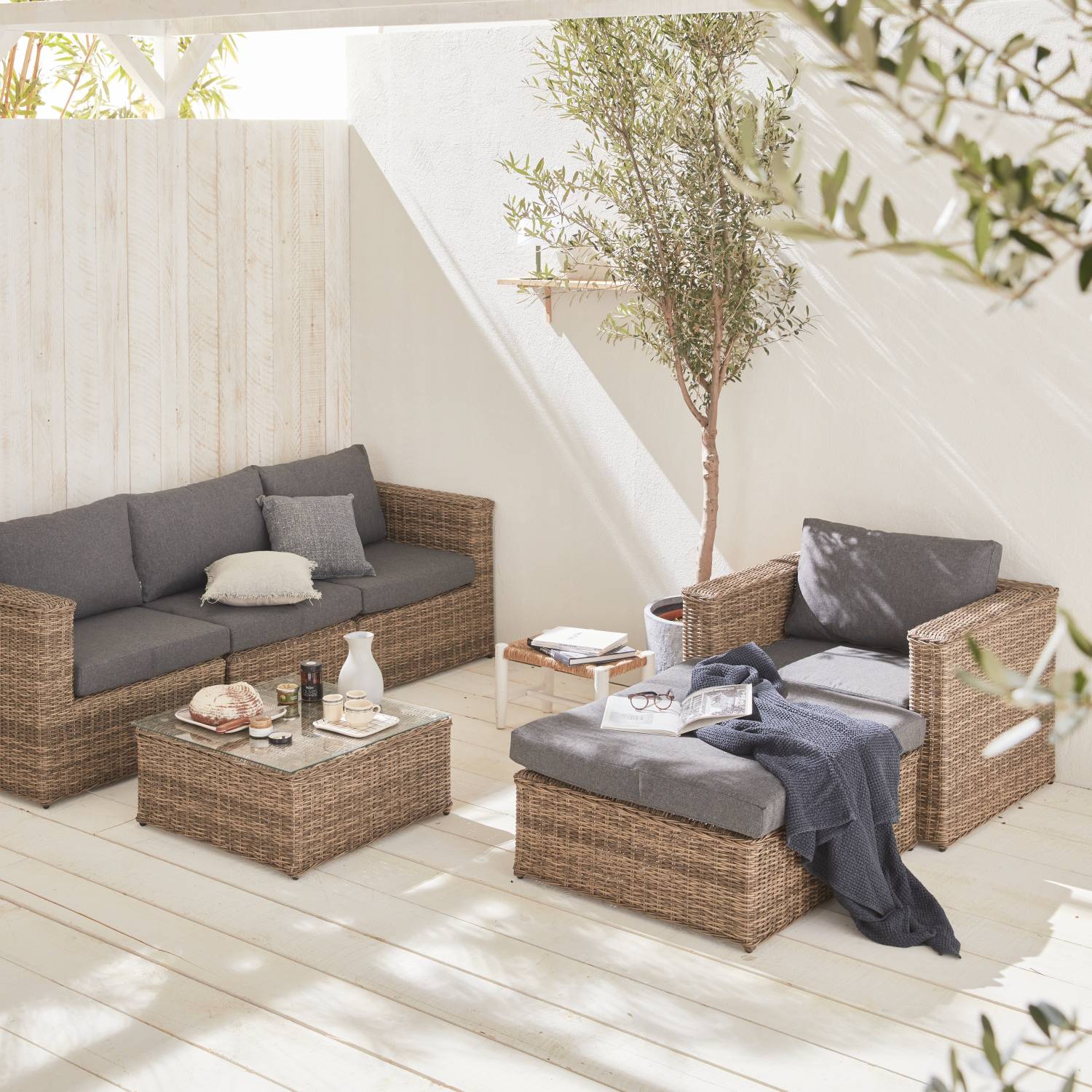 Ready assembled 5-seater polyrattan corner garden sofa set, Dark beige/Anthracite | sweeek