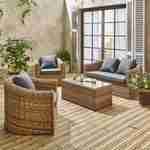 Salon de jardin en résine tressée arrondie 4 places - Valentino Naturel - Coussins anthracite, canapé fauteuils table basse Photo1