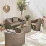 Conjunto de mobiliário de jardim em resina tecida, 4 lugares - Valentino Gris - Almofadas bege, sofá, poltronas, mesa de centro Photo1