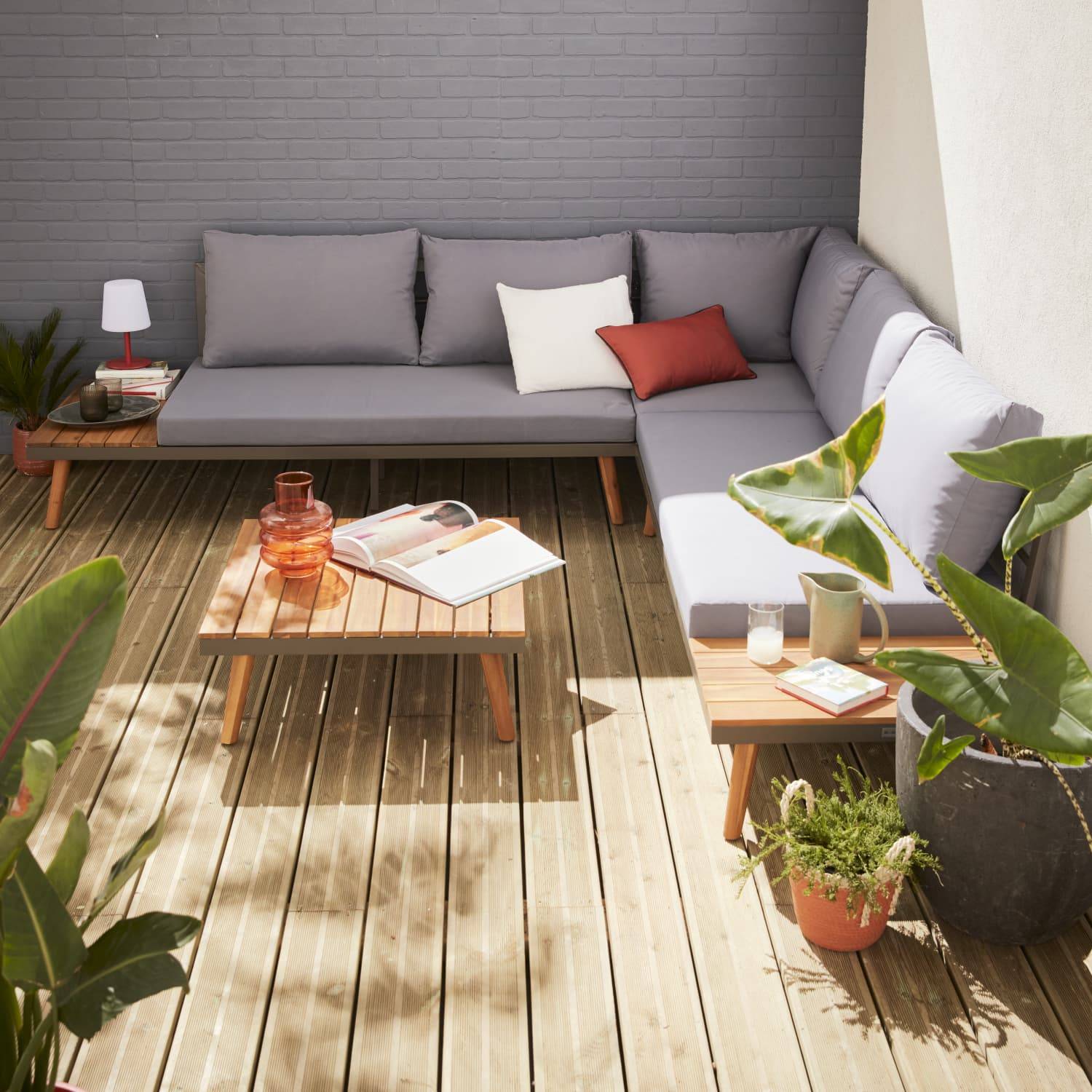 5 lugares móveis de jardim de madeira - Buenos Aires - Almofadas cinza, sofá de canto | sweeek