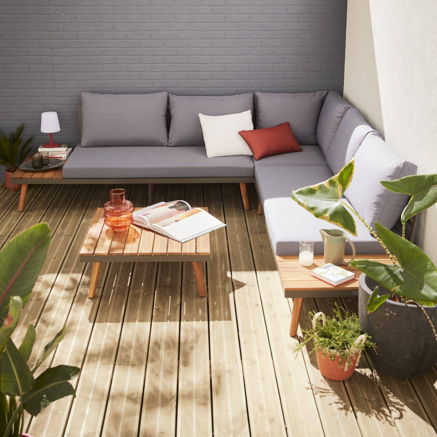 5-seater wooden outdoor sofa - Buenos Aires - Corner sofa with coffee and side tables in acacia wood, aluminium frame, Scandinavian-style legs - Buenos Aires - Grey cushions, Grey structure,sweeek,Photo1