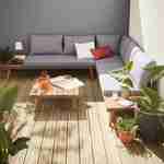 Salon de jardin en bois 5 places - Buenos Aires - Coussins gris, canapé d'angle, tablettes latérales et table basse en acacia, structure alu, piétement scandinave, design Photo1
