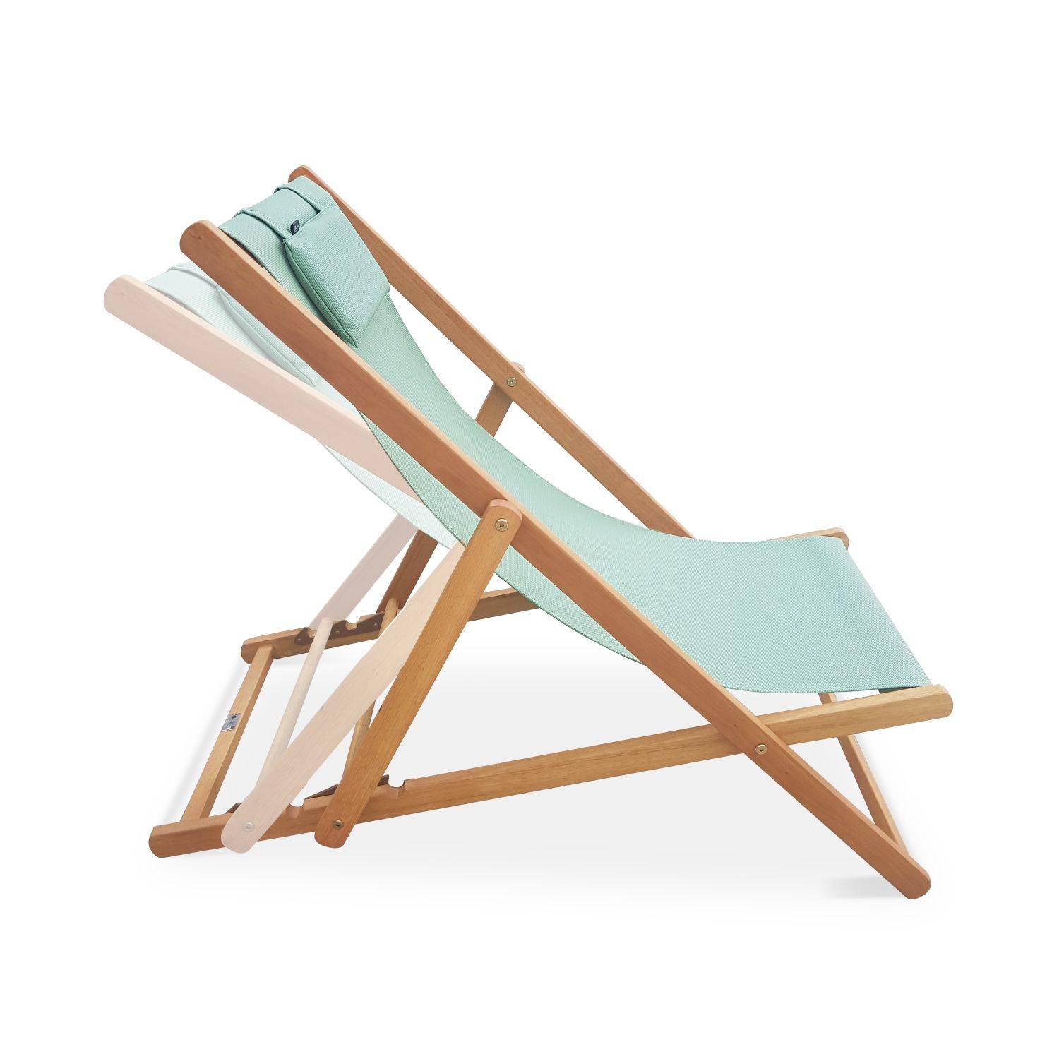 Chiliennes bois - Creus - 2 transats en bois d'Eucalyptus FSC huilé avec coussin repose-tête vert de gris Photo3