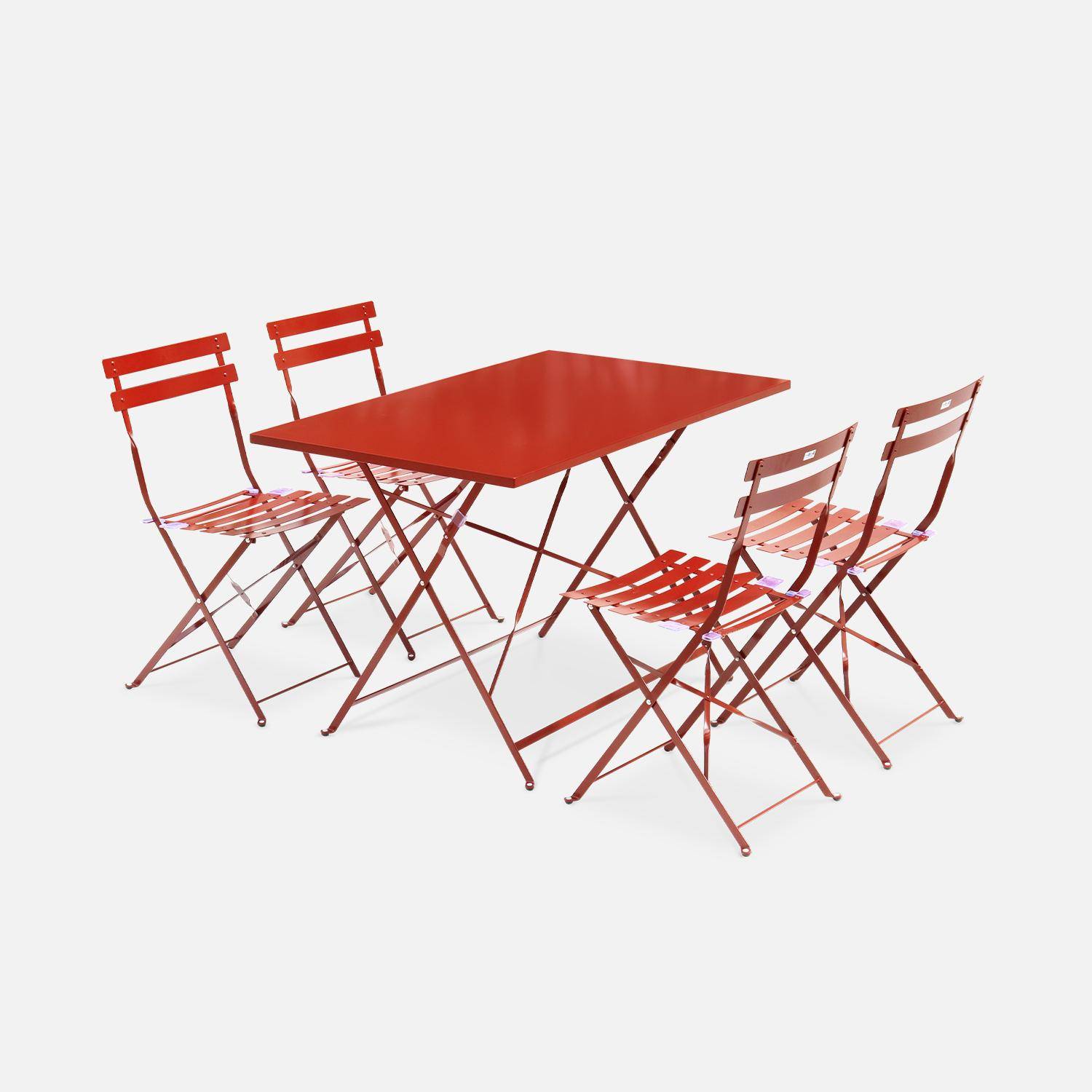 Tavolo da giardino, bar bistrot, pieghevole - modello: Emilia, rettangolare, colore: Terracotta- Tavolo, dimensioni: 110x70cm, con quattro sedie pieghevoli, acciaio termolaccato Photo1