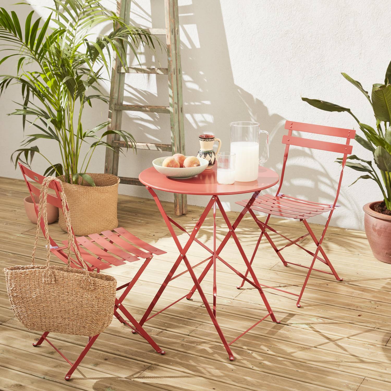 Salon de jardin bistrot pliable - Emilia rond Terra Cotta - Table Ø60cm avec deux chaises pliantes, acier thermolaqué Photo1