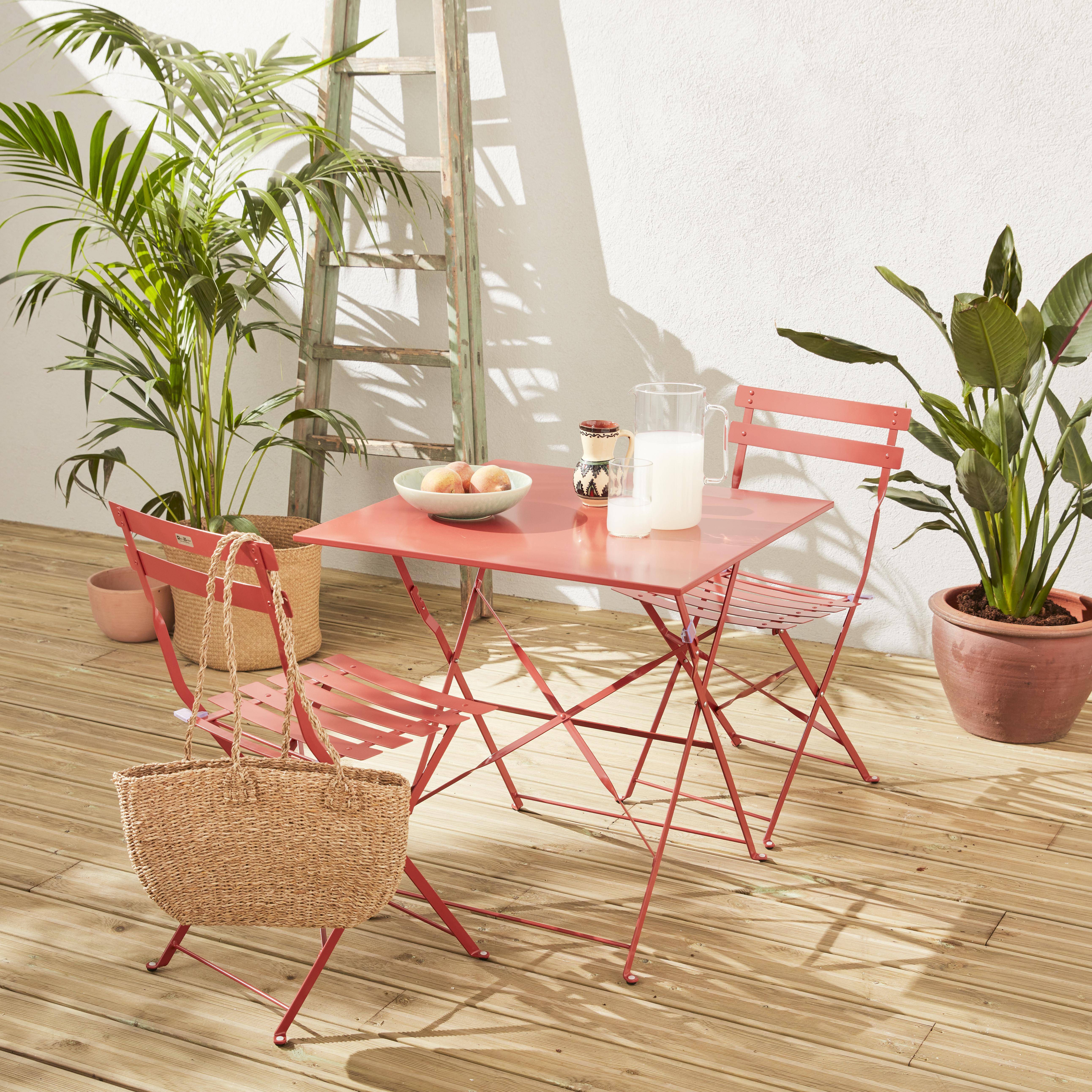 2-seater foldable thermo-lacquered steel bistro garden table with chairs, 70x70cm - Emilia - Terracotta Photo1