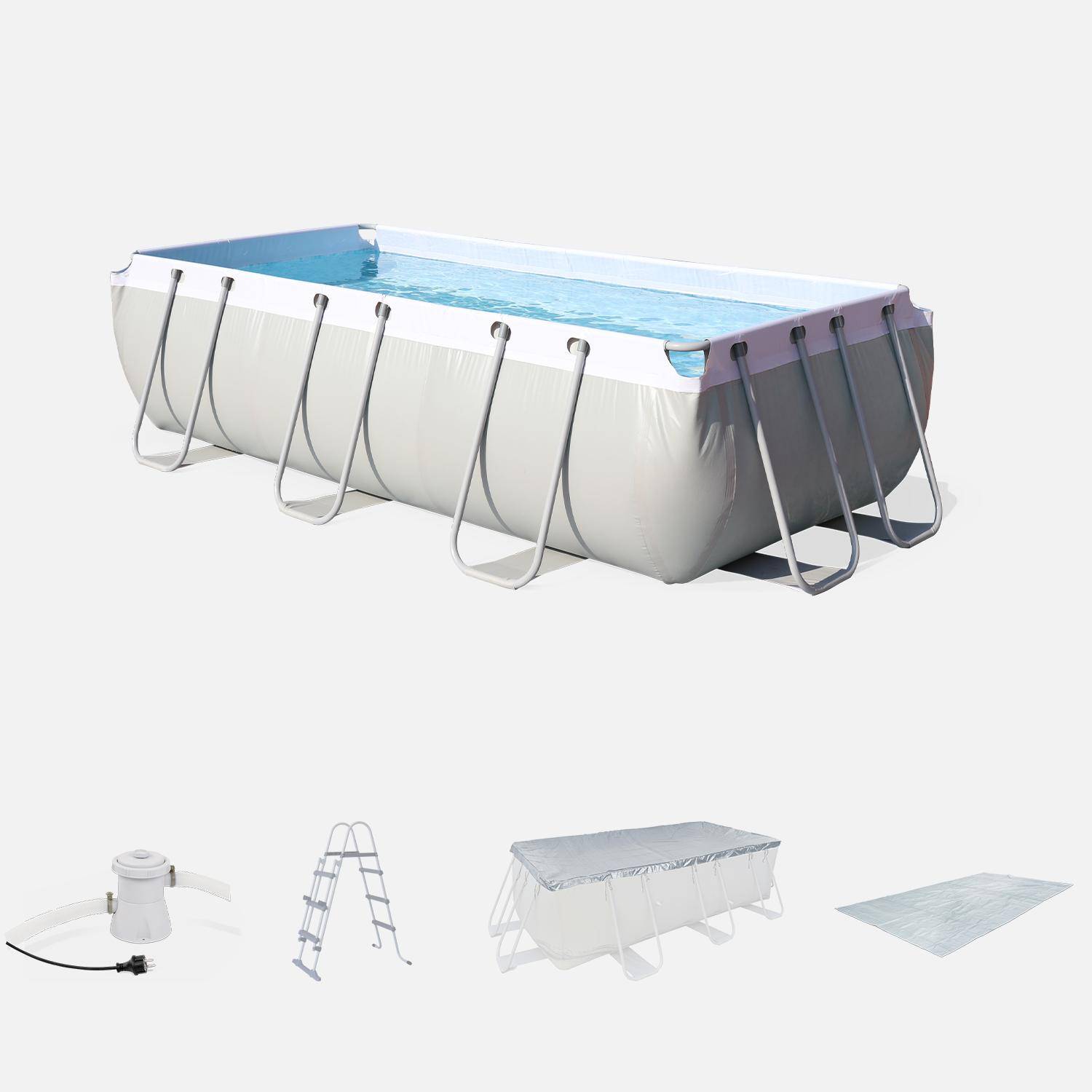 Kit grande piscine tubulaire - Topaze grise - piscine rectangulaire 4x2m avec pompe de filtration, bâche de protection, tapis de sol et échelle, piscine hors sol armature acier Photo1