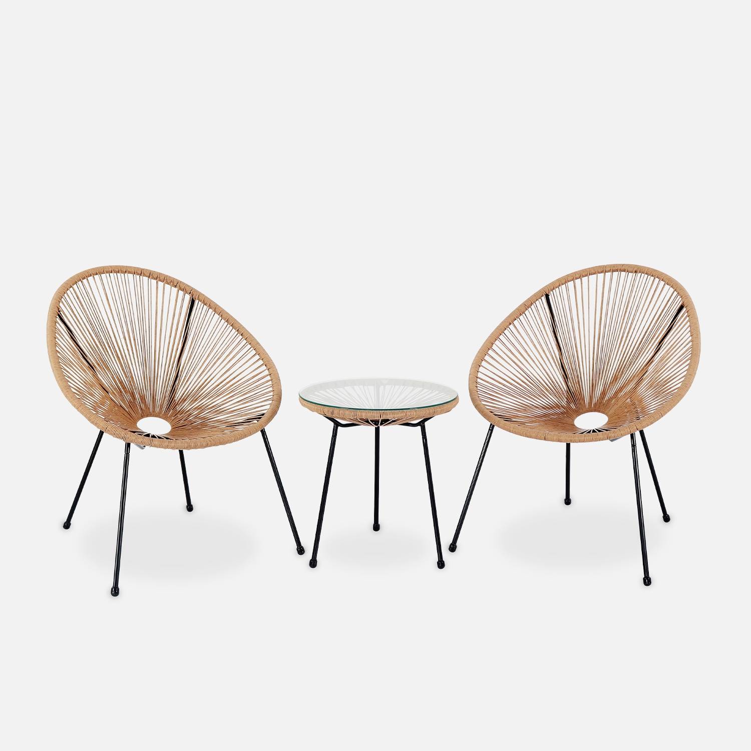 Set van 2 ei-vormige stoelen ACAPULCO met bijzettafel - Natuurlijk - Stoelen 4 poten design retro, met lage tafel, plastic koorden | sweeek