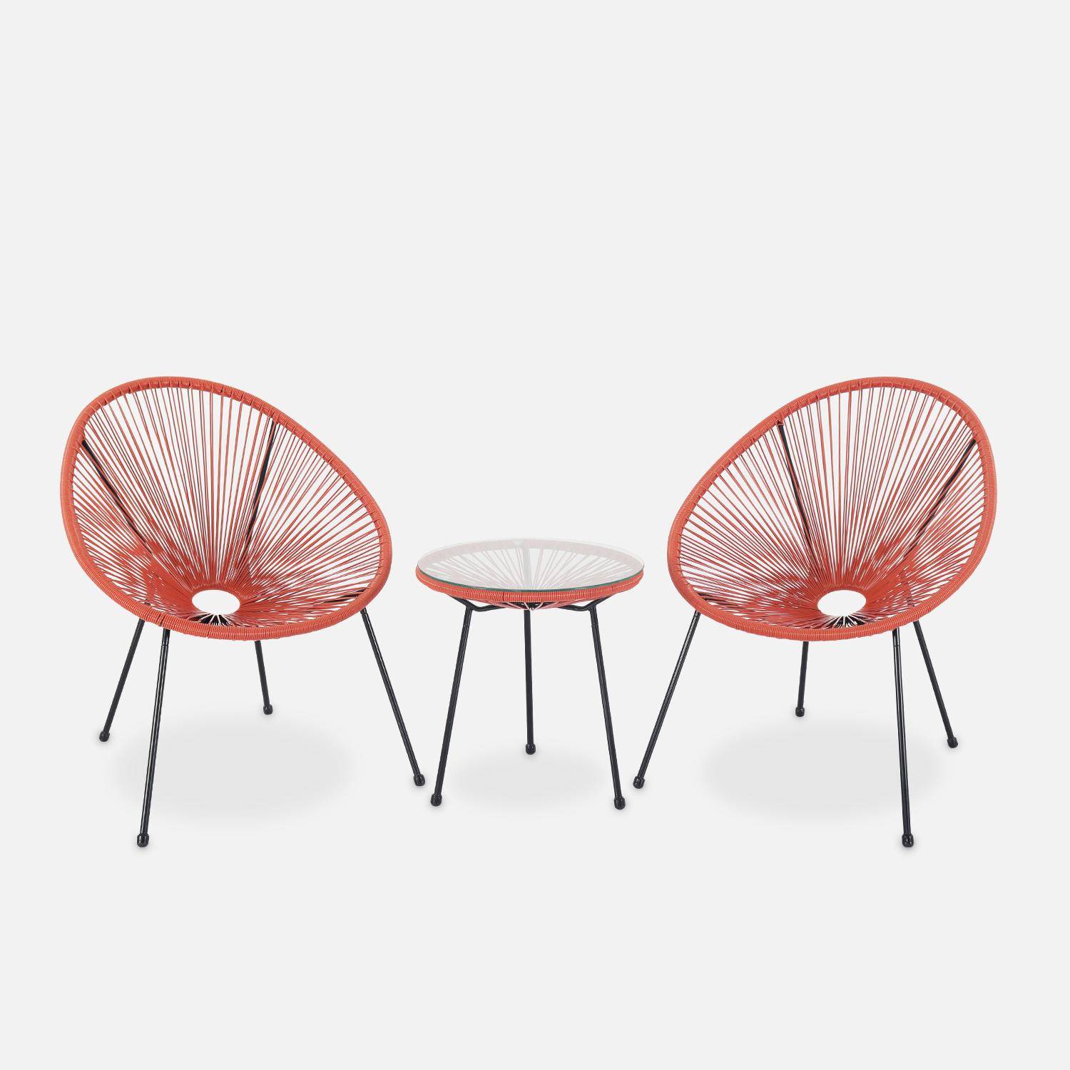 Set van 2 ei-vormige stoelen ACAPULCO met bijzettafel - Terra Cotta - Stoelen 4 poten design retro, met lage tafel, plastic koorden Photo2