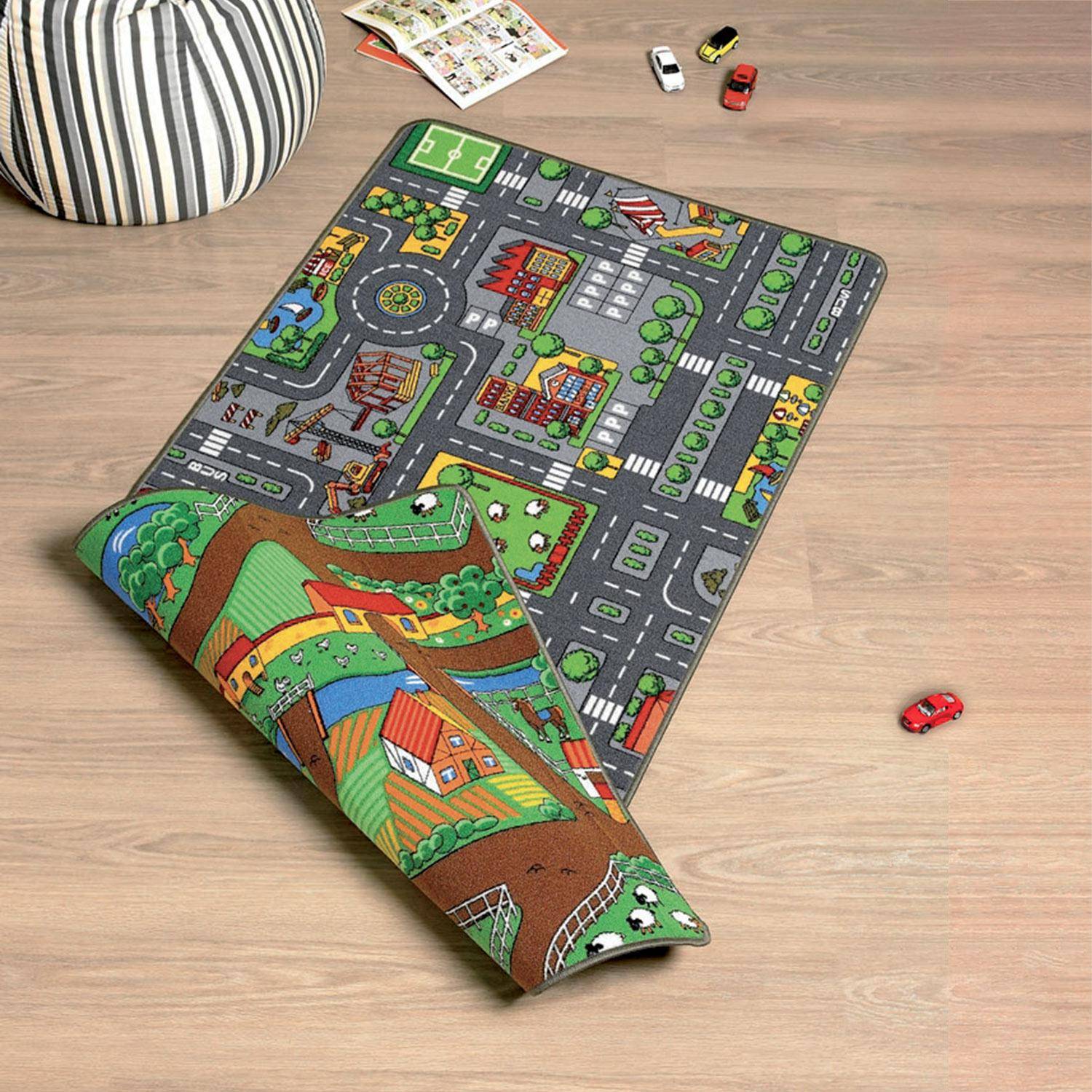 Doppelseitiger Spielteppich für Kinder, Joseph, mit Straßenkarte und Bauernhofplan, Spielmatte Photo1