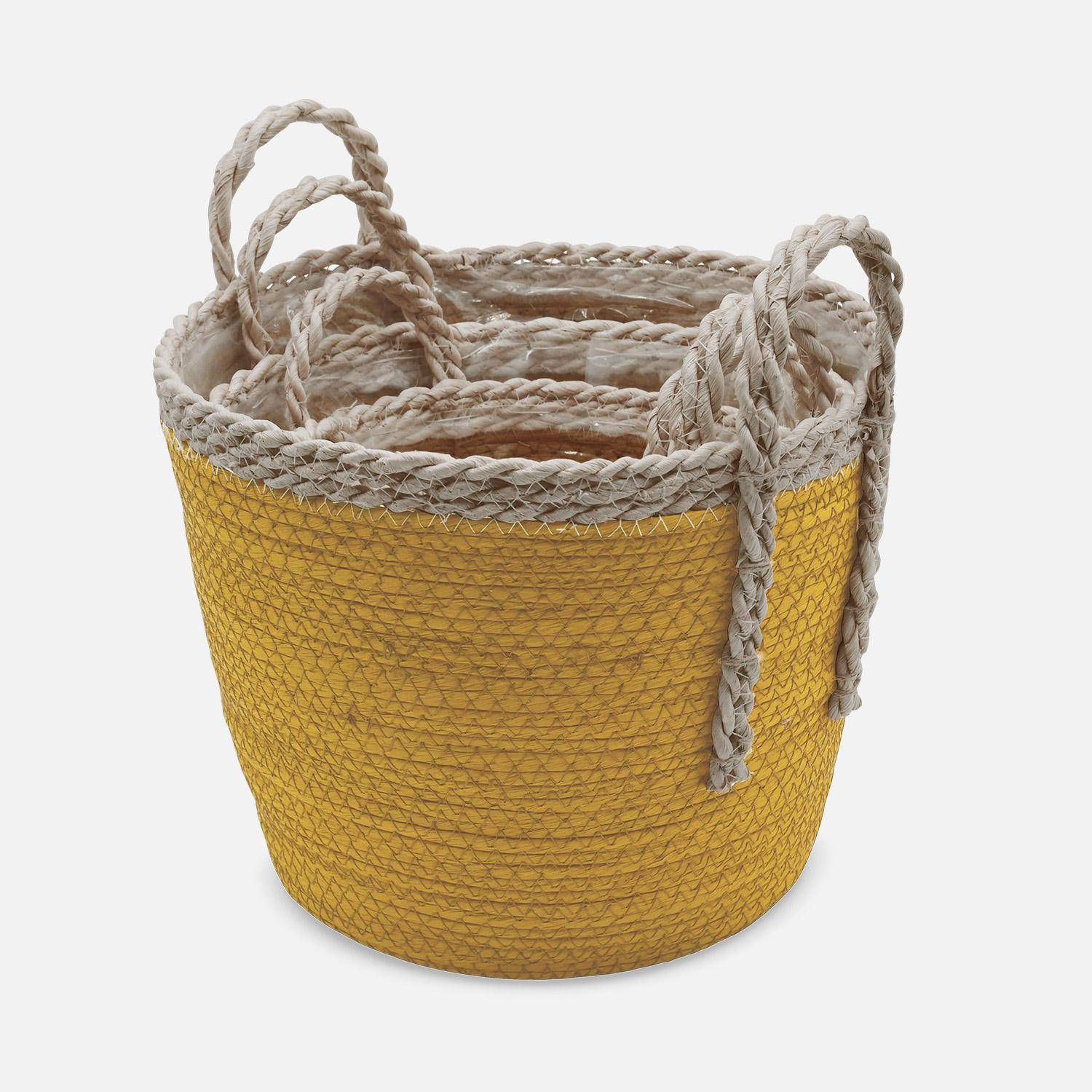 Lot de paniers tressés, 3 tailles, cache-pot, avec poignées, jaune Photo4