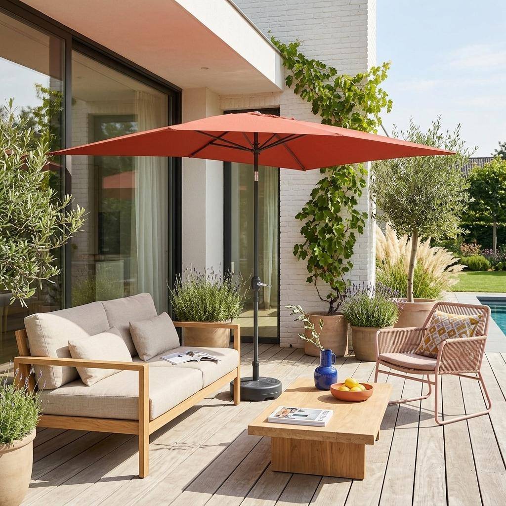 Parasol droit rectangulaire 2x3m - Touquet terracotta - mât central en aluminium orientable et manivelle d'ouverture Photo1