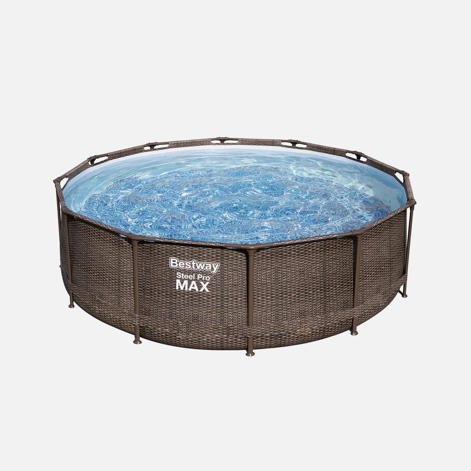 Piscine tubulaire BESTWAY - Opalite grise - aspect rotin, piscine ronde Ø3,6m avec pompe de filtration, piscine hors sol, armature acier,sweeek,Photo2