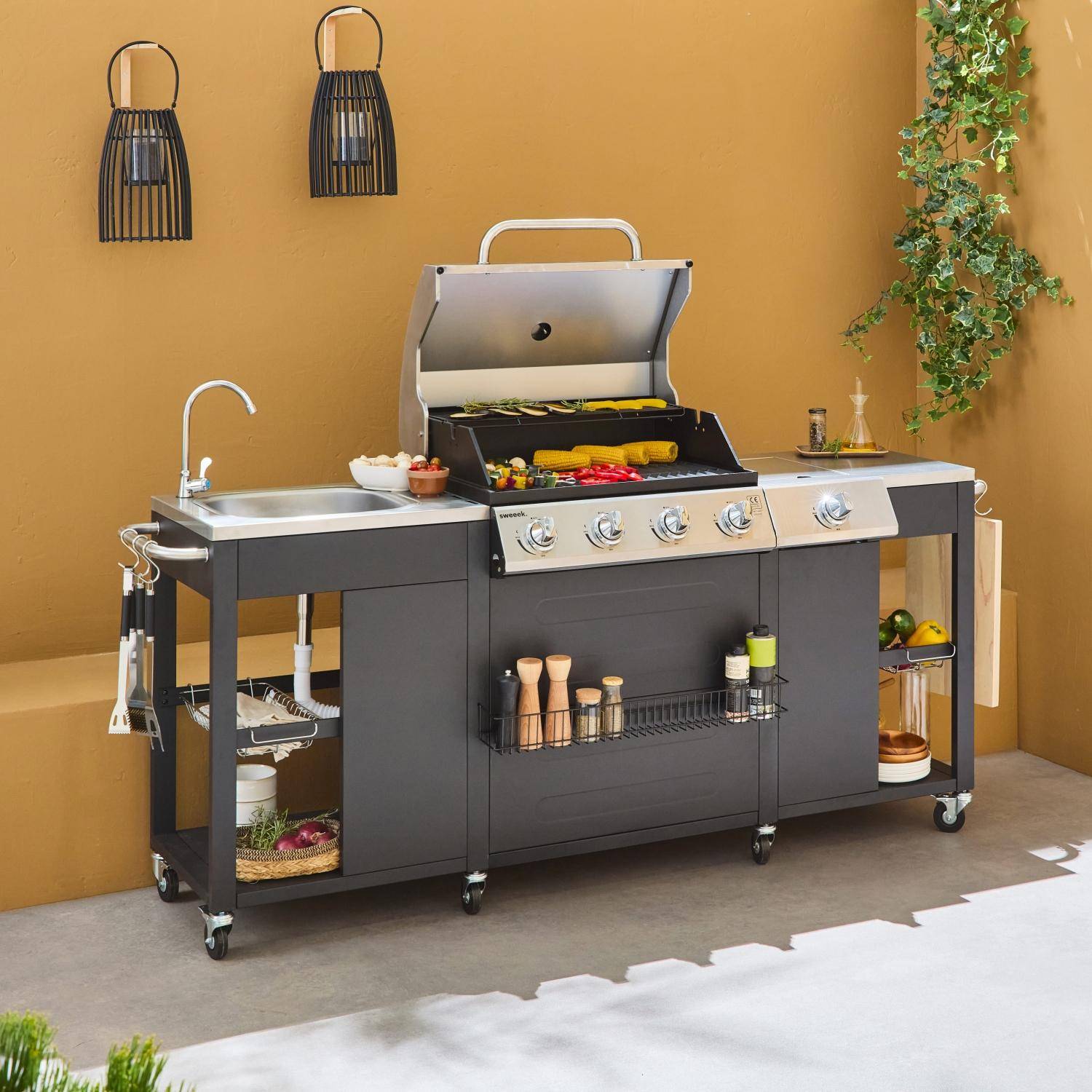 Barbacoa de gas de 5 quemadores con 1 quemador lateral Negro - 206x58x112 cm Photo2