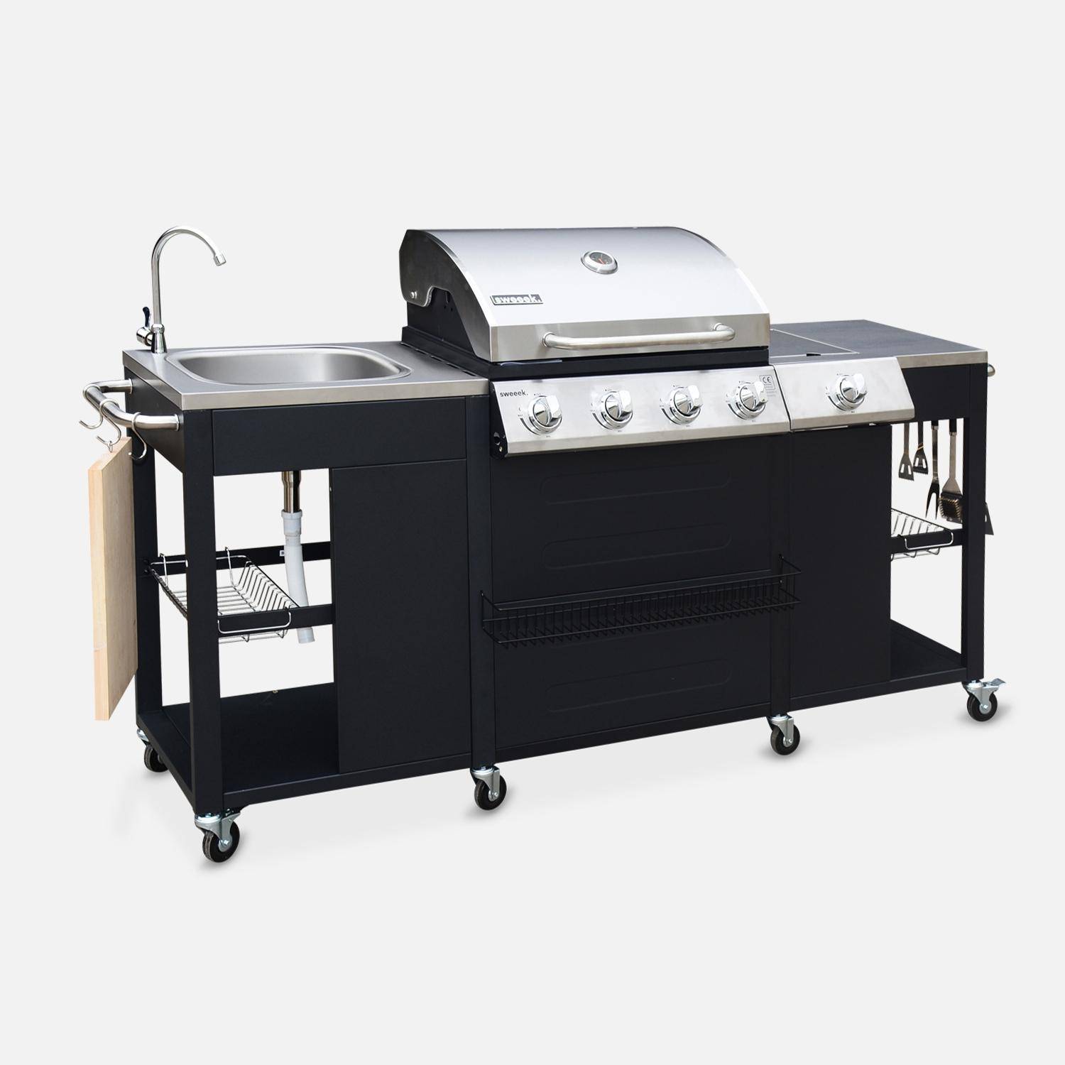 Barbacoa de gas de 5 quemadores con 1 quemador lateral Negro - 206x58x112 cm,sweeek,Photo6