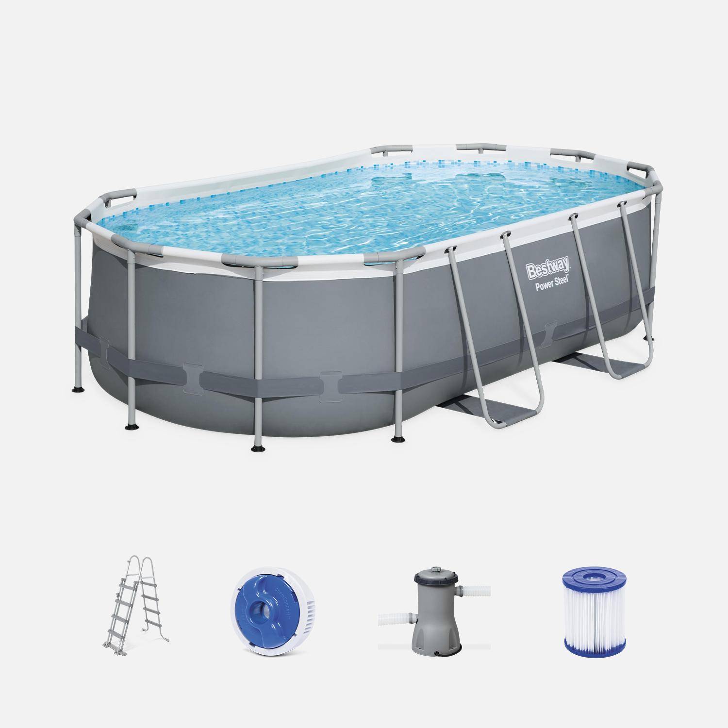 BESTWAY Kit completo per piscina - Grigio Spinelle - piscina tubolare ovale 4x2 m, pompa filtro, scaletta e kit di riparazione inclusi,sweeek,Photo1