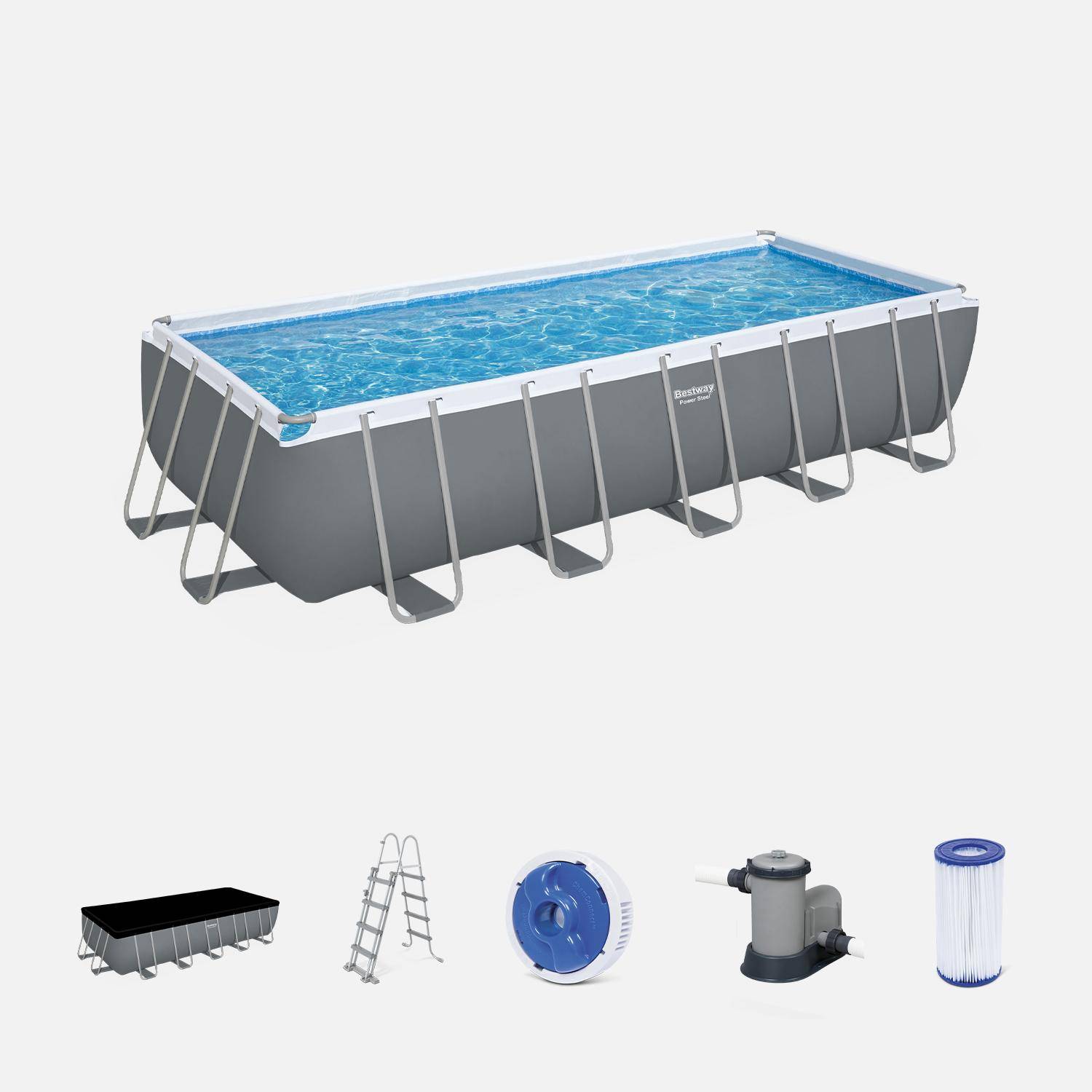 Bovengronds frame zwembad 6x3m, grijs, met dekzeil, pomp, filter, ladder, flotter en reparatieset,sweeek,Photo1
