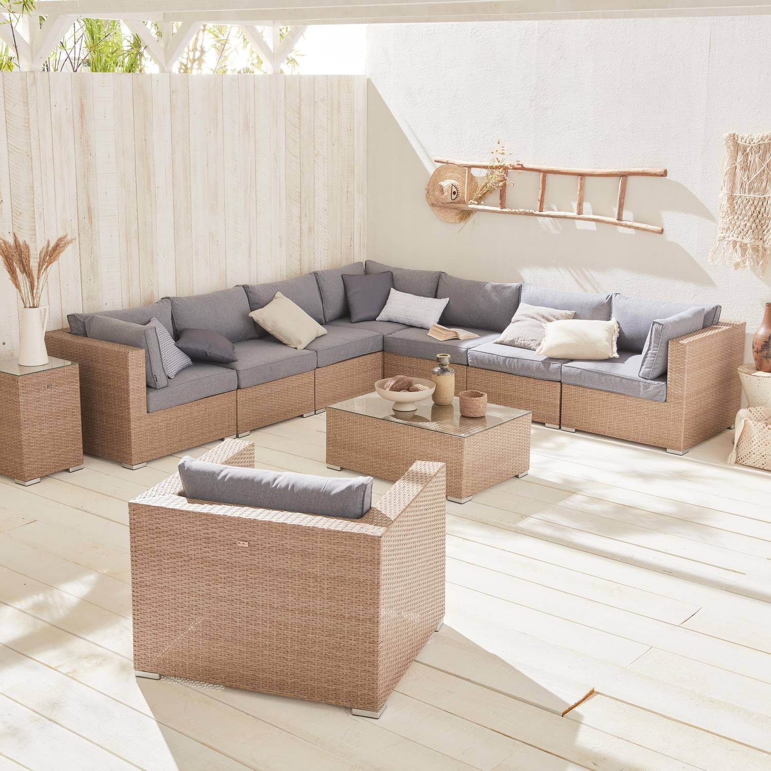 Ready assembled 10-seater polyrattan corner garden sofa set - sofa, armchair, coffee table - Venezia - Beige / Grey Photo1