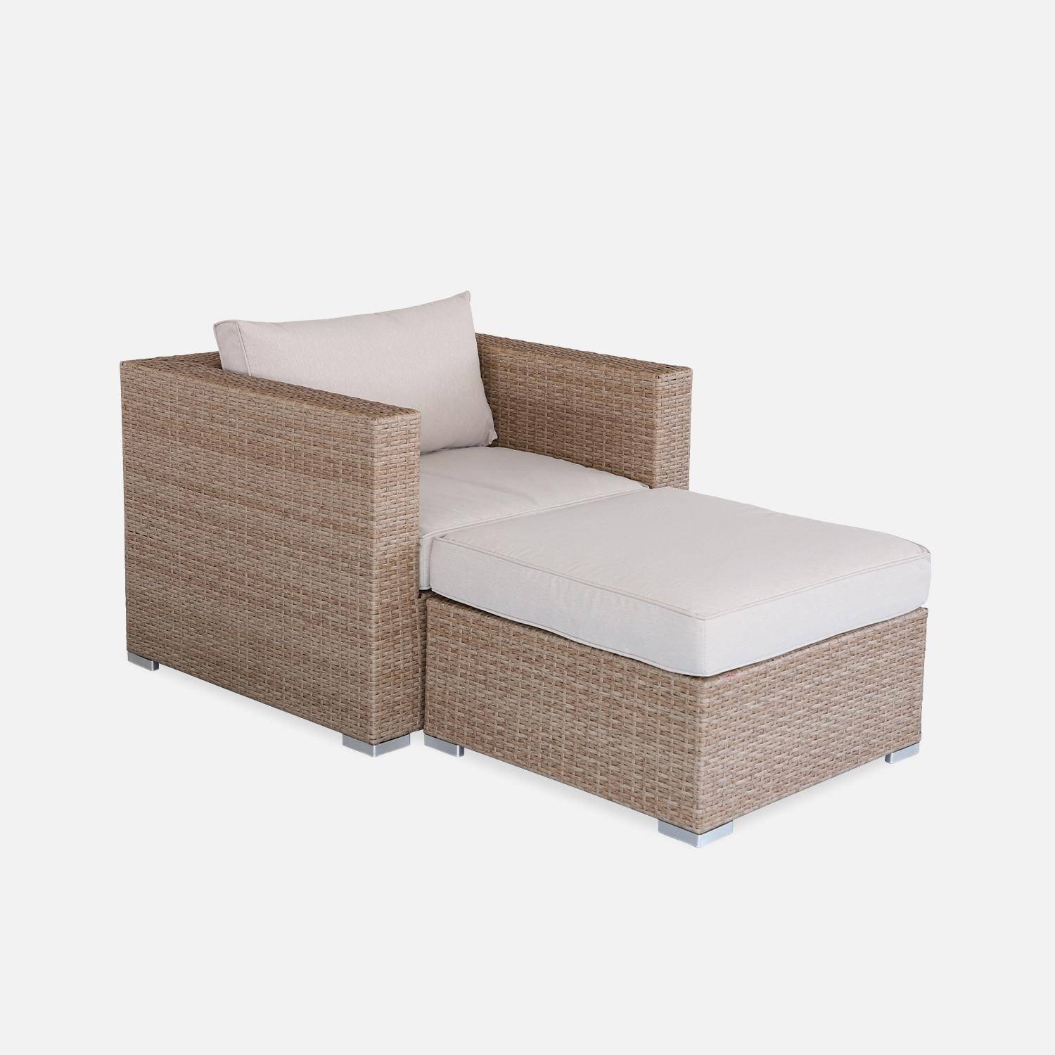 Salon de jardin - fauteuil + pouf en résine tressée - Beige, coussins Beige Photo1