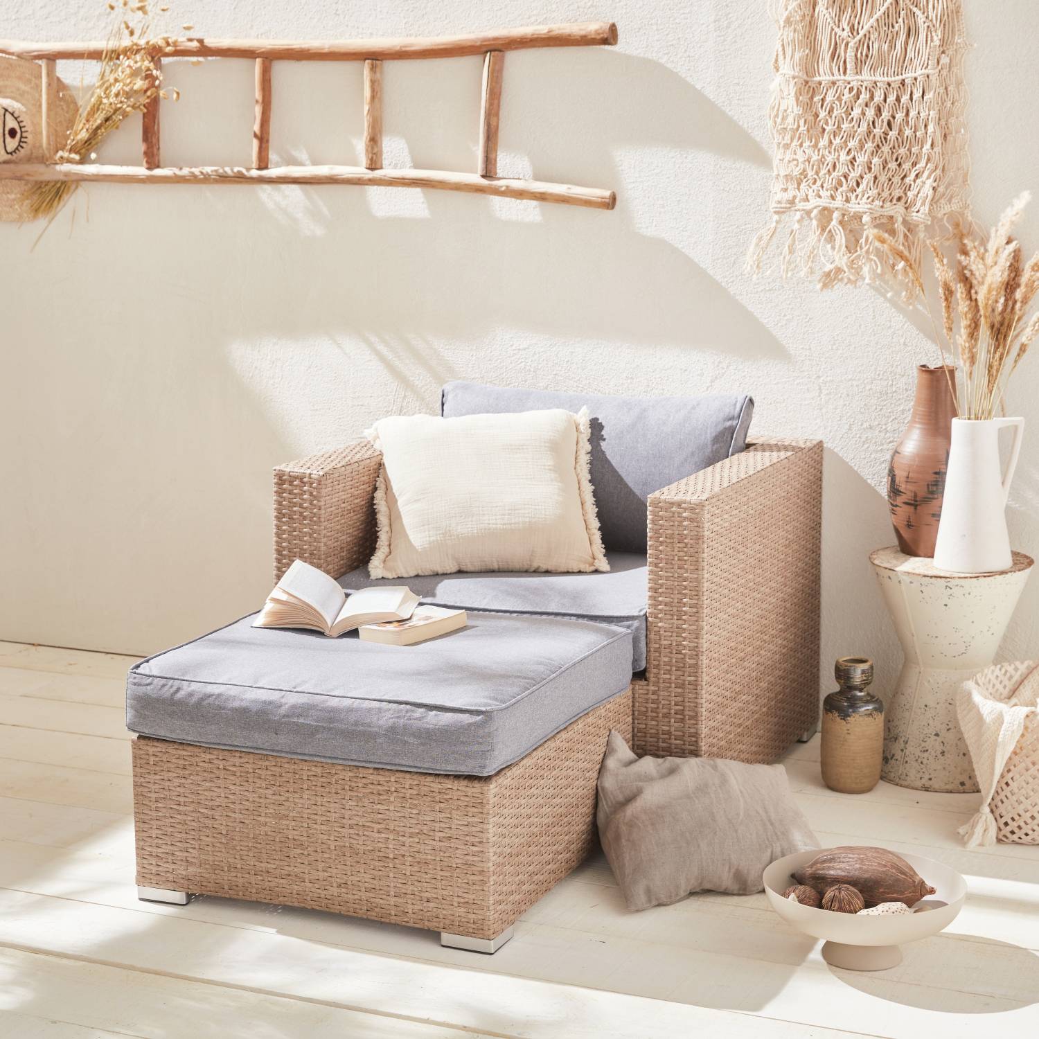Garden sofa set, armchair and footstool, Natural/Grey | sweeek