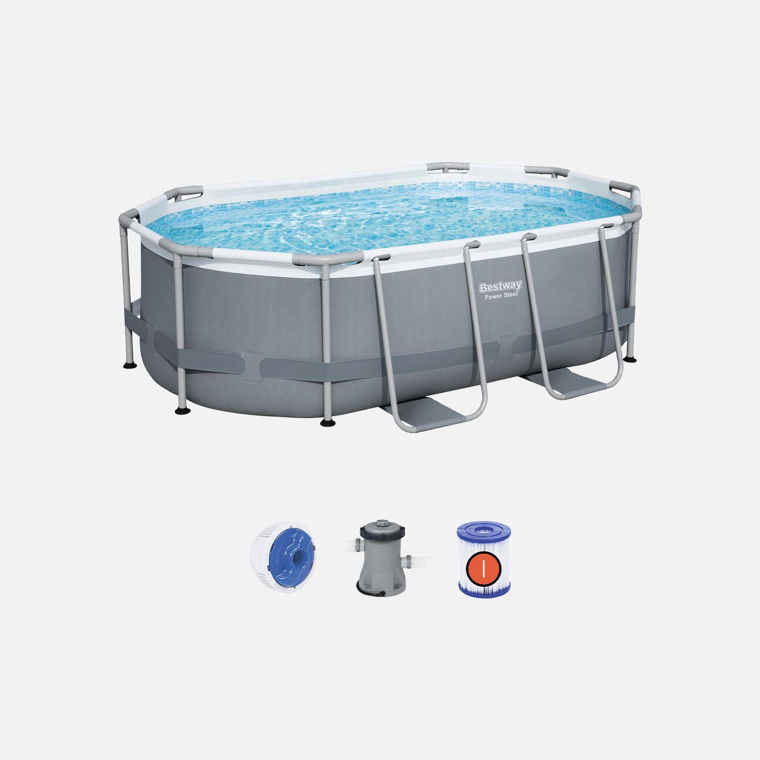 Kit completo de piscina BESTWAY - Spinelle gris - piscina tubular ovalada 3x2 m, bomba de filtración y kit de reparación incluidos  Photo1