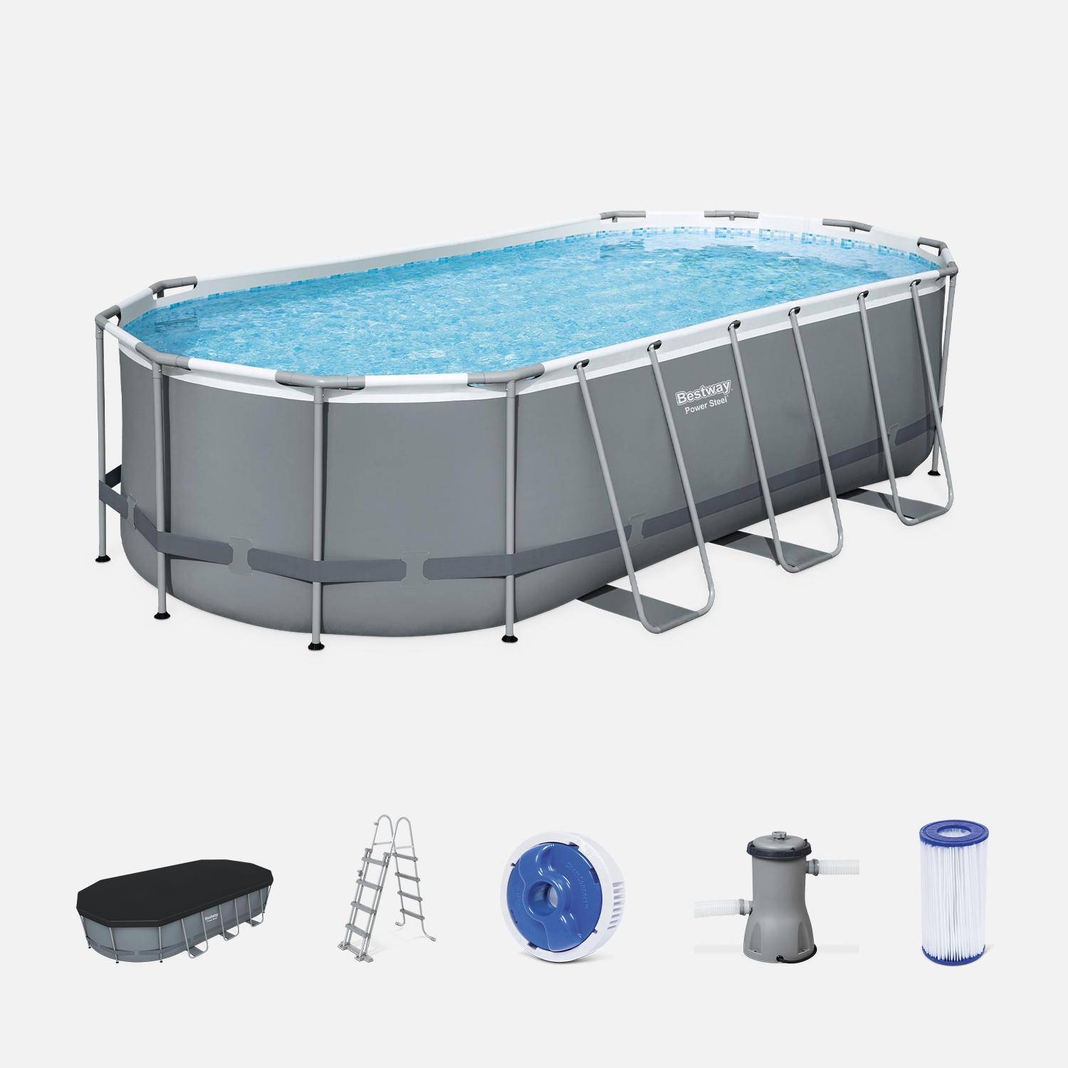 Kit de piscina desmontable BESTWAY - Spinelle gris - piscina tubular ovalada de 5x3 m, bomba de filtración, escalera, lona, difusor químico ChemConnect, estructura de acero para piscinas sobre suelo Photo1