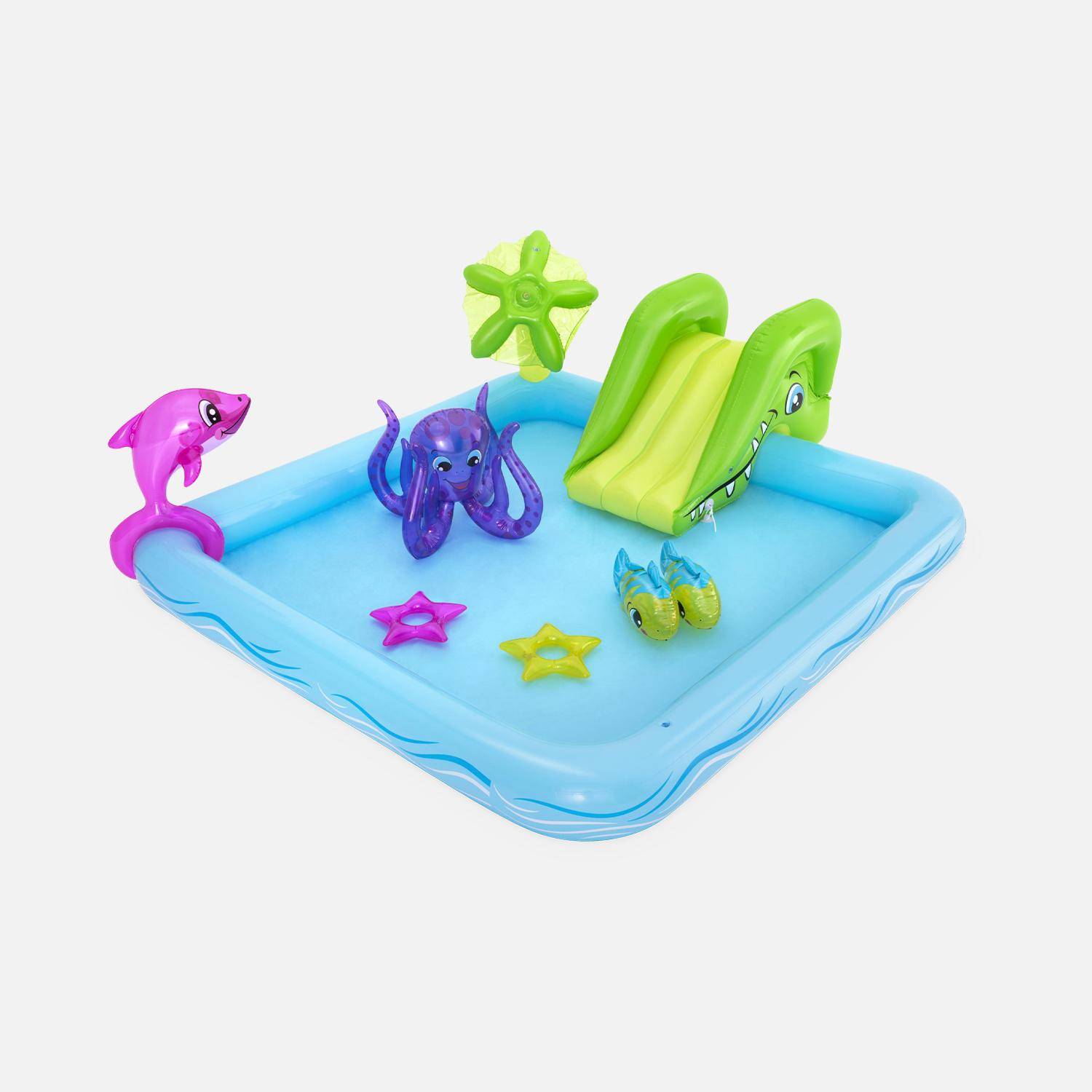 Opblaasbaar baby zwembad met glijbaan, fontein en waterstraal, 239x206x86cm met opblaasbare dolfijn, vis, octopus en ringen,sweeek,Photo1