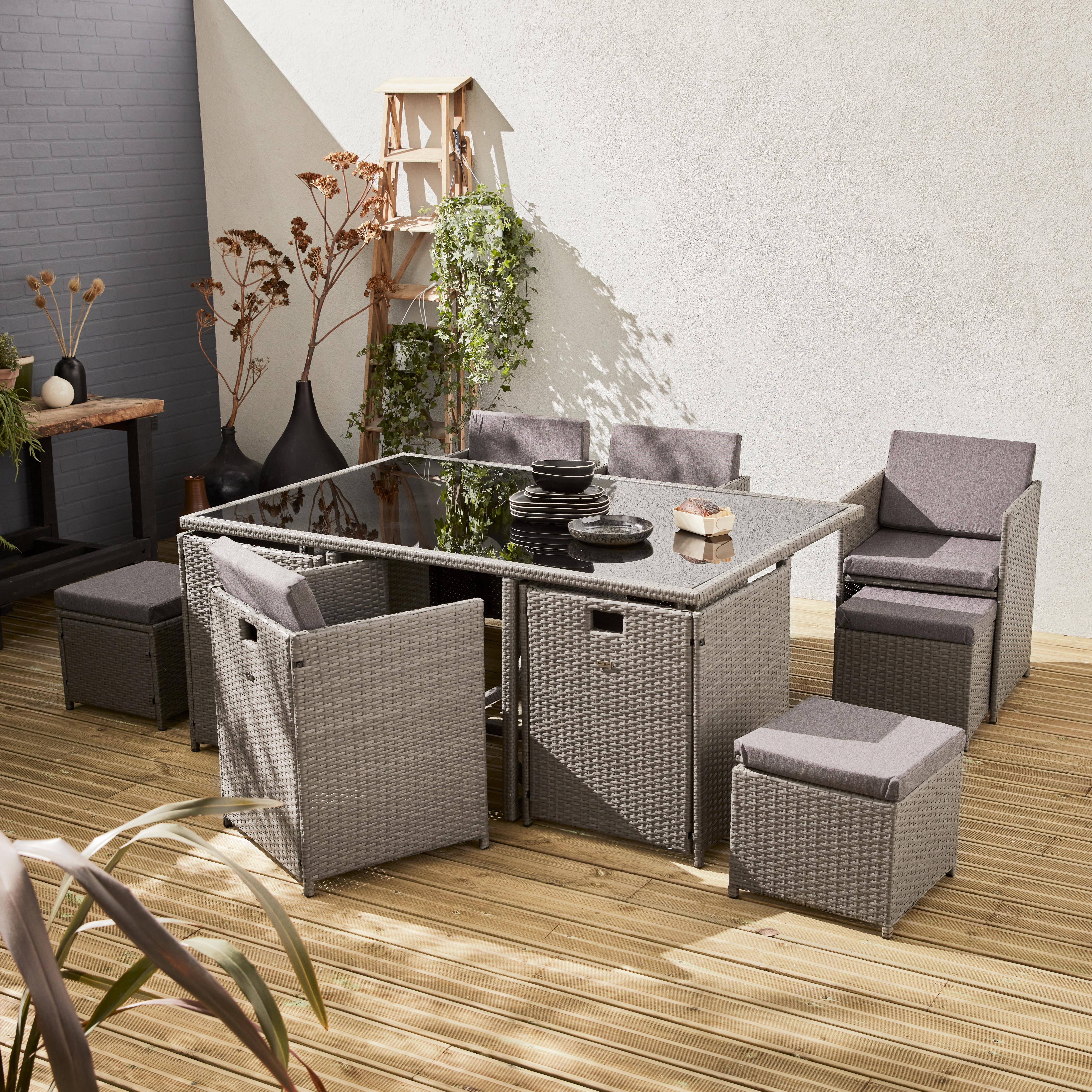 Salón de jardín 6-10 plazas - Vabo - Color gris, cojines gris jaspeado, mesa encastrable,sweeek,Photo1