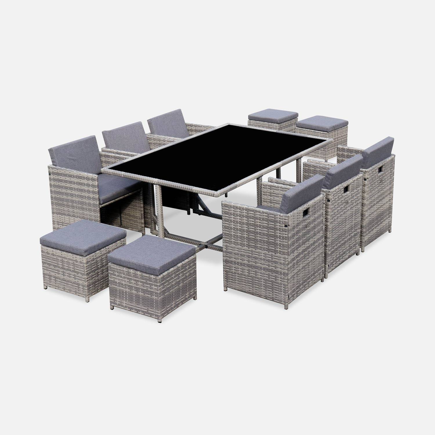 Conjunto de mobiliário de jardim 6-10 lugares - Pia - Tons de cinzento, almofadas cinzentas mosqueadas, mesa embutida. | sweeek