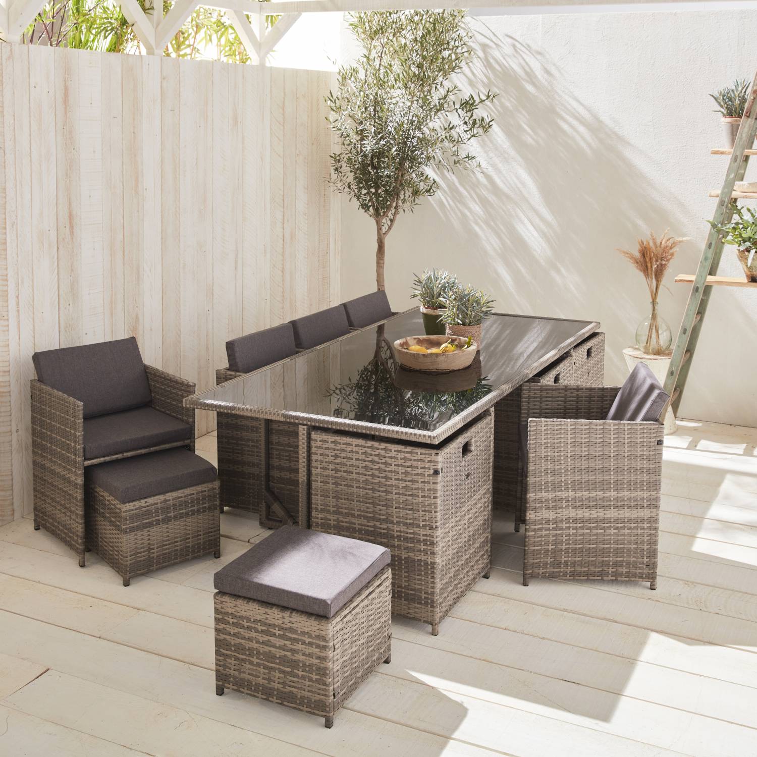 Conjunto de mobiliário de jardim 8-12 lugares - Vabo - Colour Nuance de gris, Coussins Gris chiné, table encastrable | sweeek