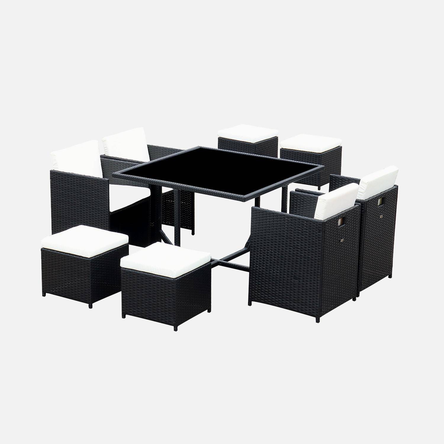 Salon de jardin 4-8 places – Vabo – Coloris noir, Coussins écrus, table encastrable Photo2