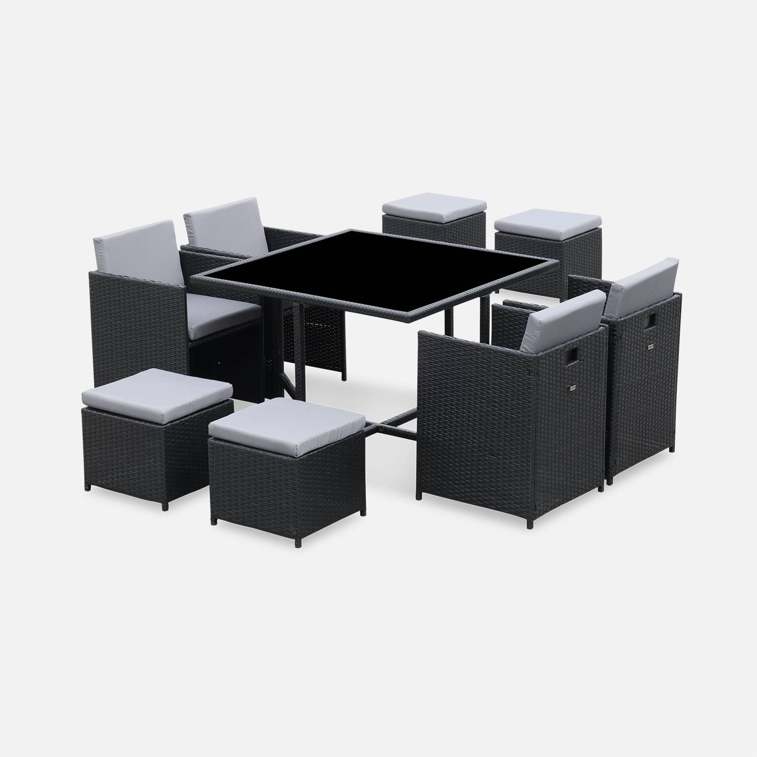 Conjunto de jardín 4-8 plazas – Vabo – Negro, cojines gris, mesa encastrable | sweeek