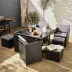 Salon de jardin 4-8 places – Vabo – Coloris noir, Coussins gris, table encastrable Photo1