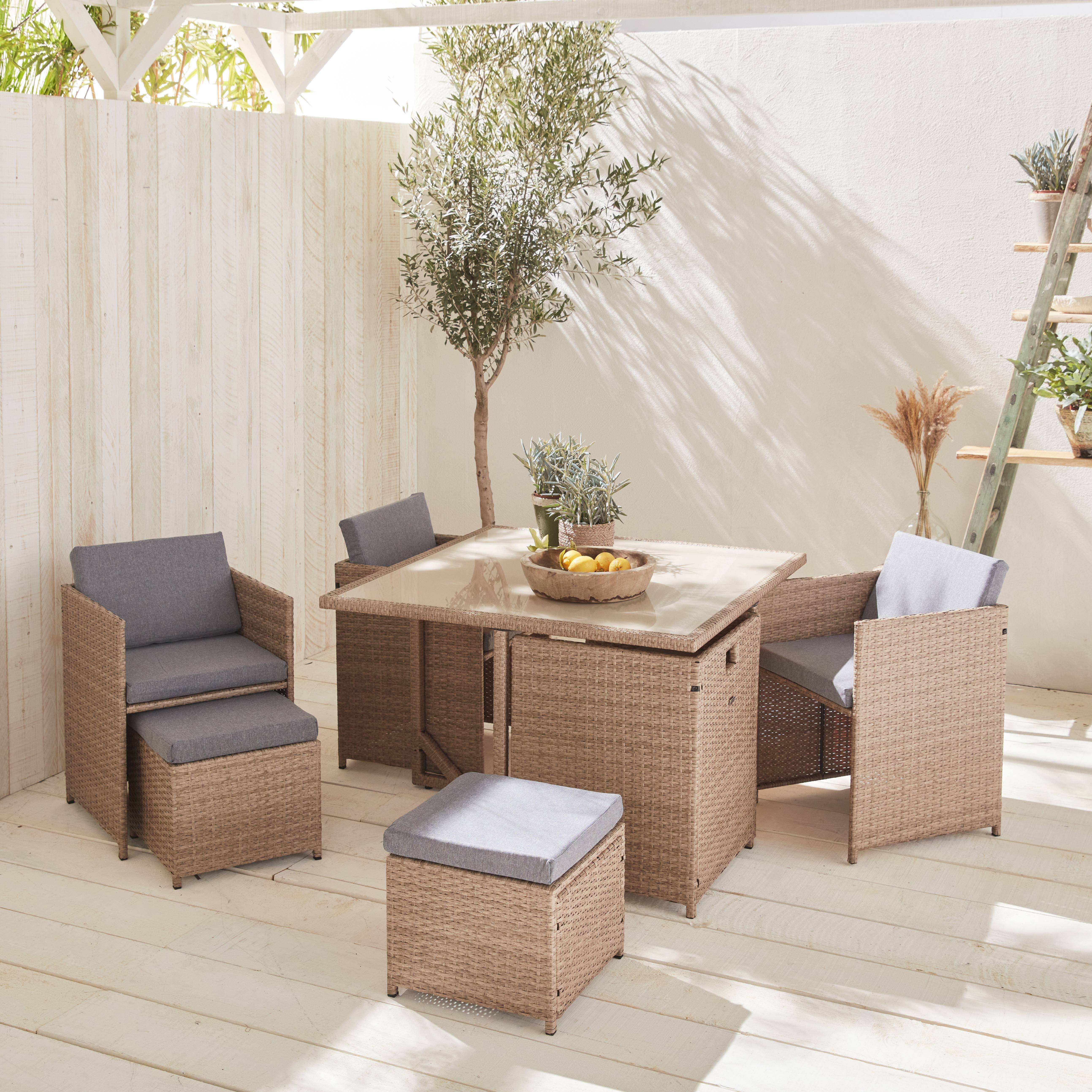 Salon de jardin 4-8 places – Vabo – Coloris beige, Coussins gris chiné, table encastrable Photo1