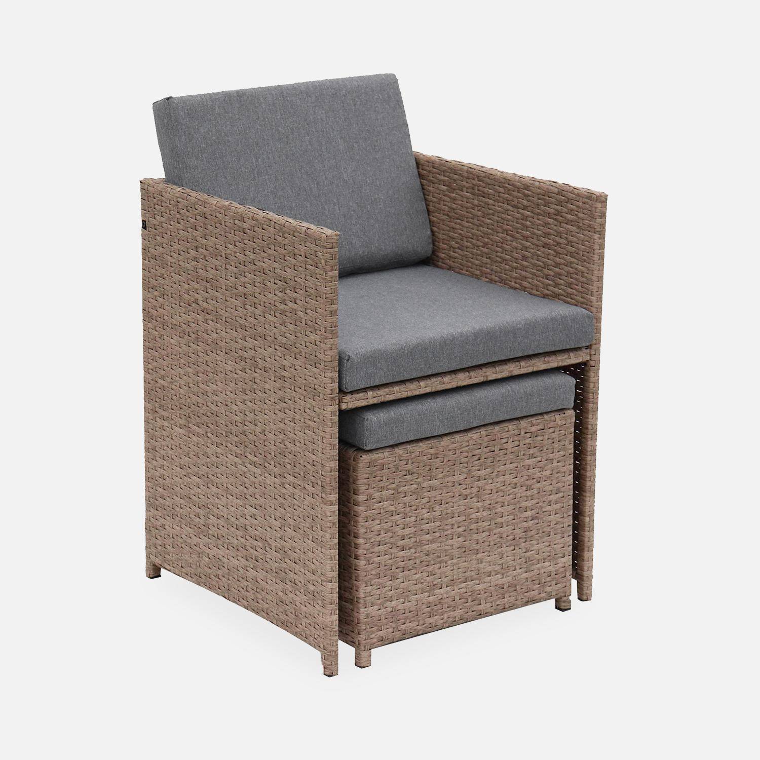 Salon de jardin 4-8 places – Vabo – Coloris beige, Coussins gris chiné, table encastrable Photo5