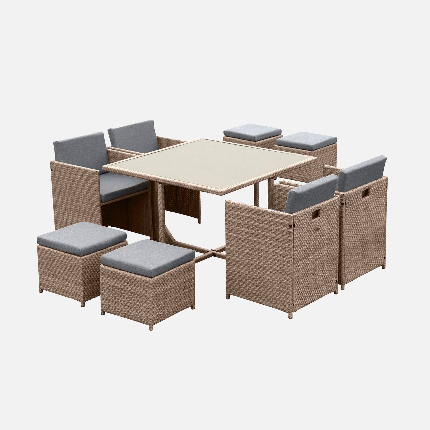 Salon de jardin 4-8 places – Vabo – Coloris beige, Coussins gris chiné, table encastrable Photo2