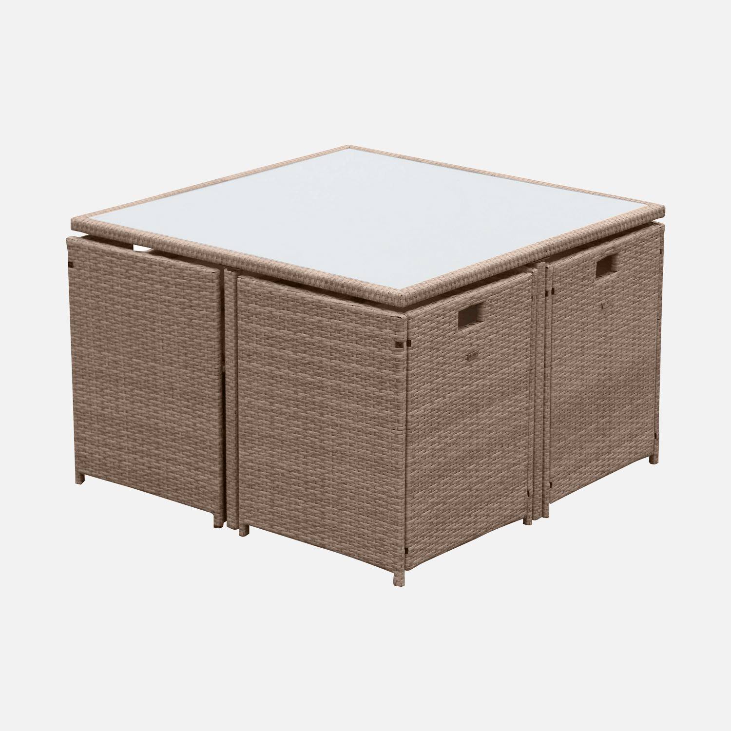 Salon de jardin 4-8 places – Vabo – Coloris beige, Coussins gris chiné, table encastrable Photo4