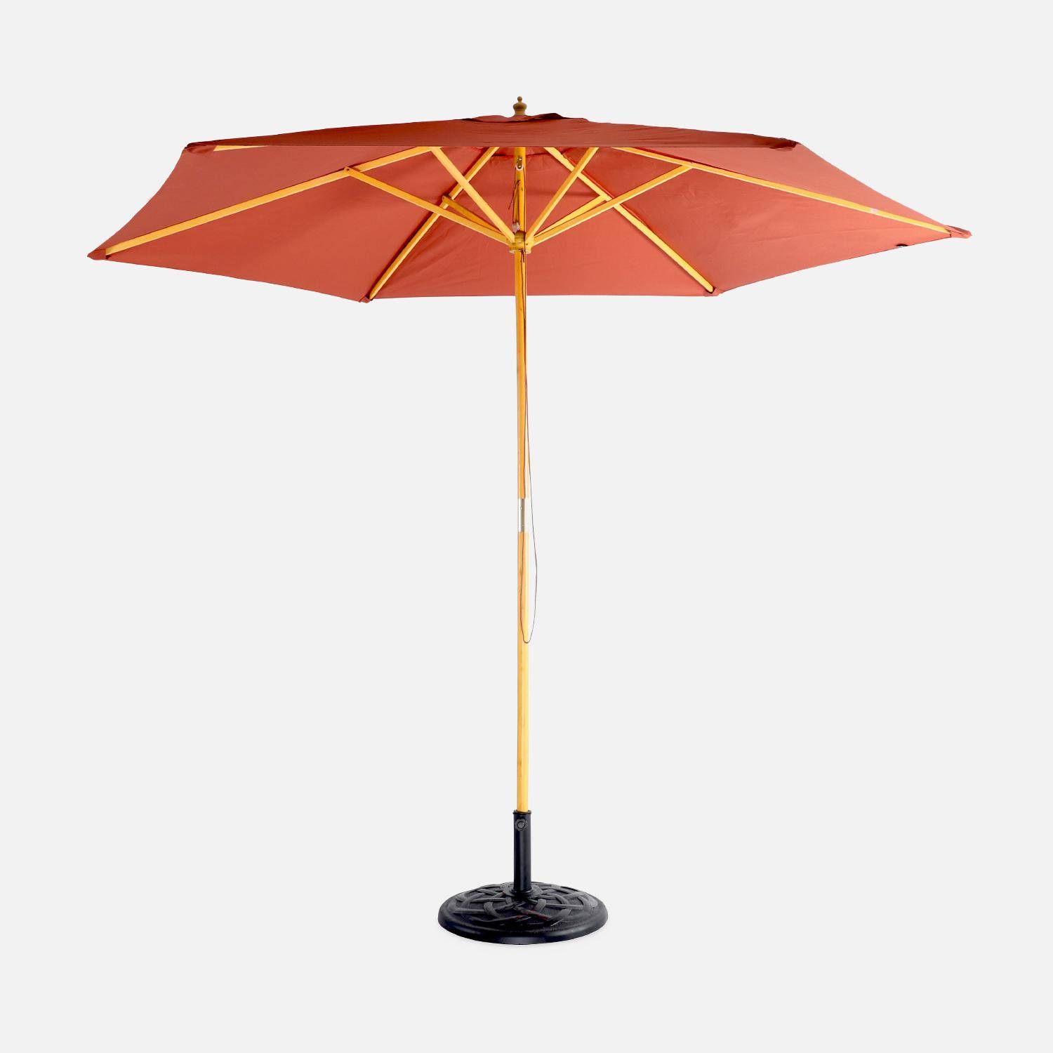 Round wooden parasol Ø300cm with straight pole -  adjustable aluminium central mast in wood and crank handle opening - Cabourg - Terracotta Photo1