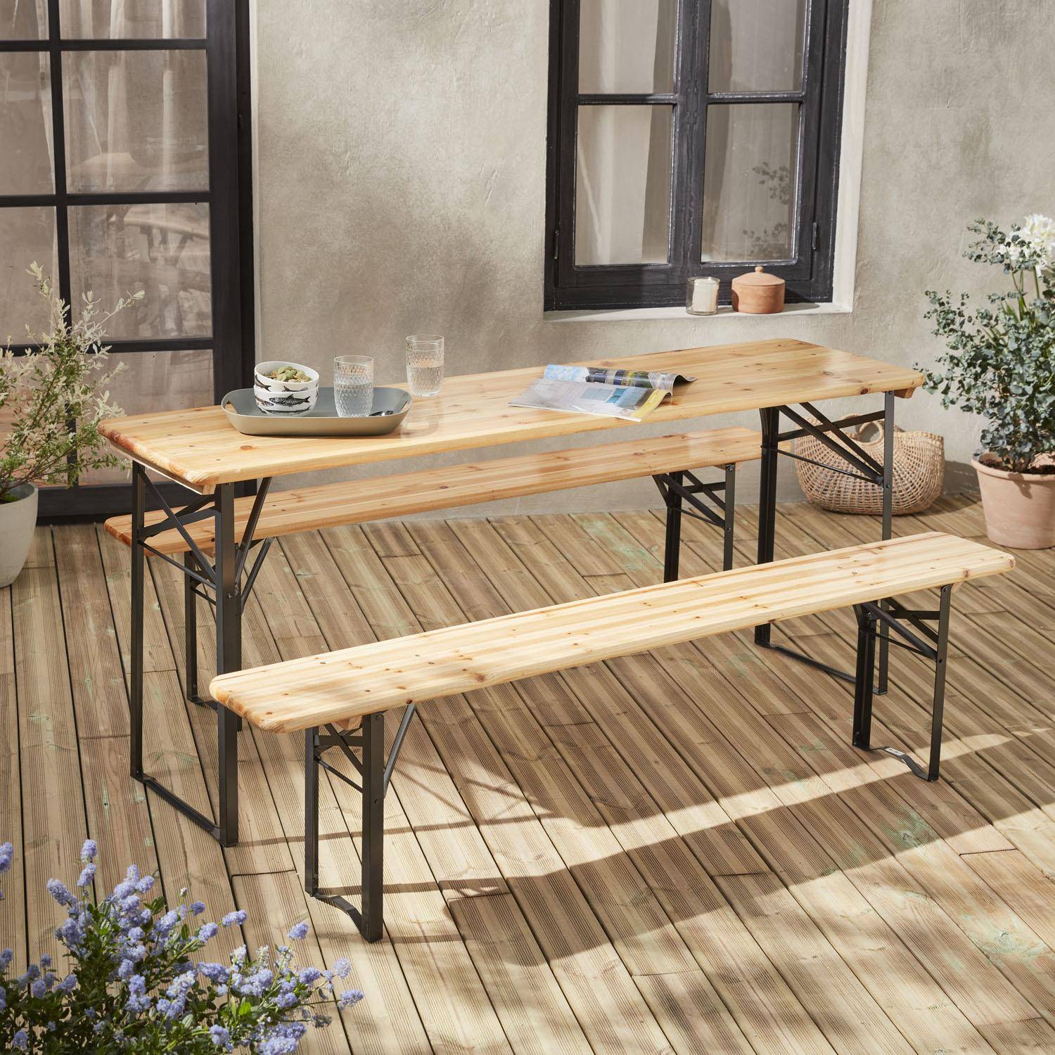 Table en bois 180cm avec 2 bancs – BAYONNE – Esprit brasserie, pliable, 6 personnes Photo1