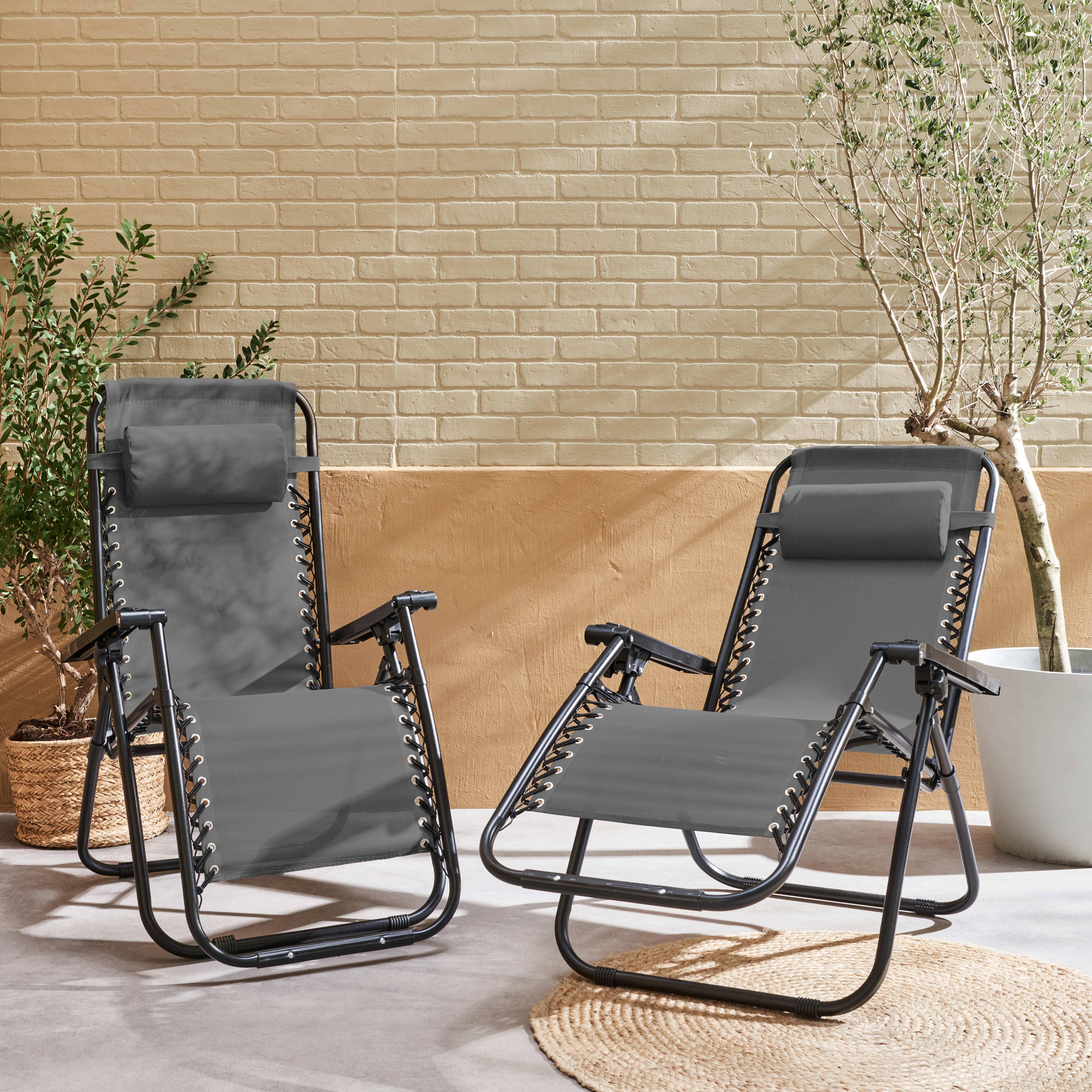 2 textilene reclining chairs - foldable, multi-position - Patrick - Anthracite Photo2