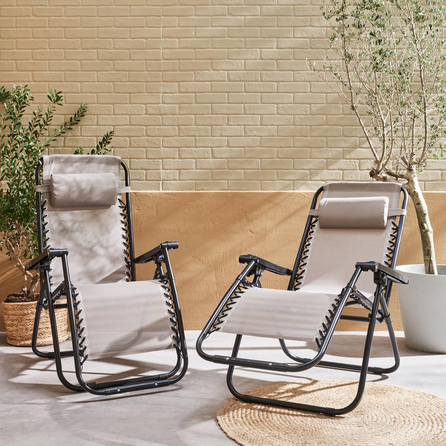 Lot de 2 fauteuils relax – Patrick – Textilène, pliables, multi-positions, taupe Photo1