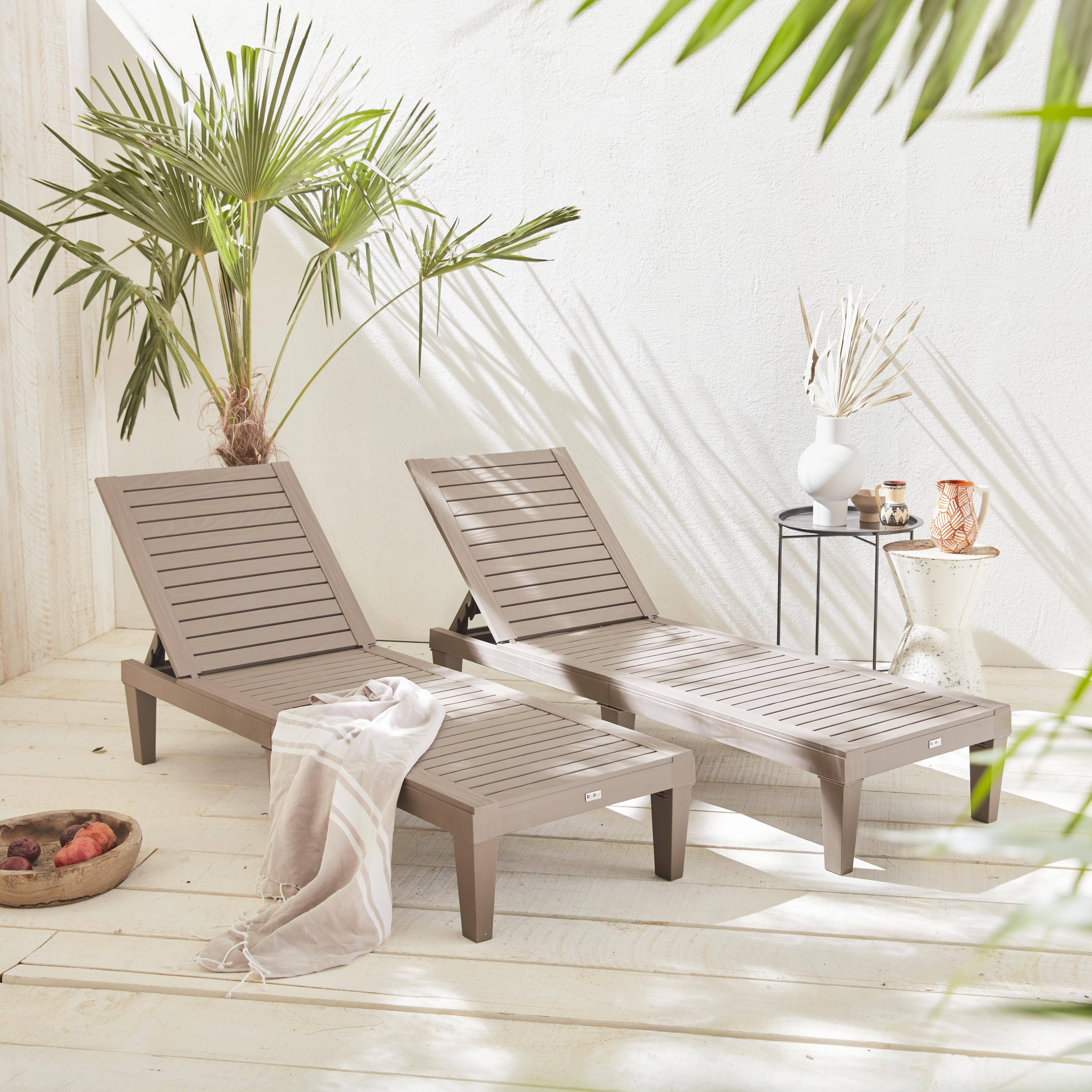 Pair of plastic loungers, multi position sun beds with textured wood effect - Pia - Grey,sweeek,Photo1