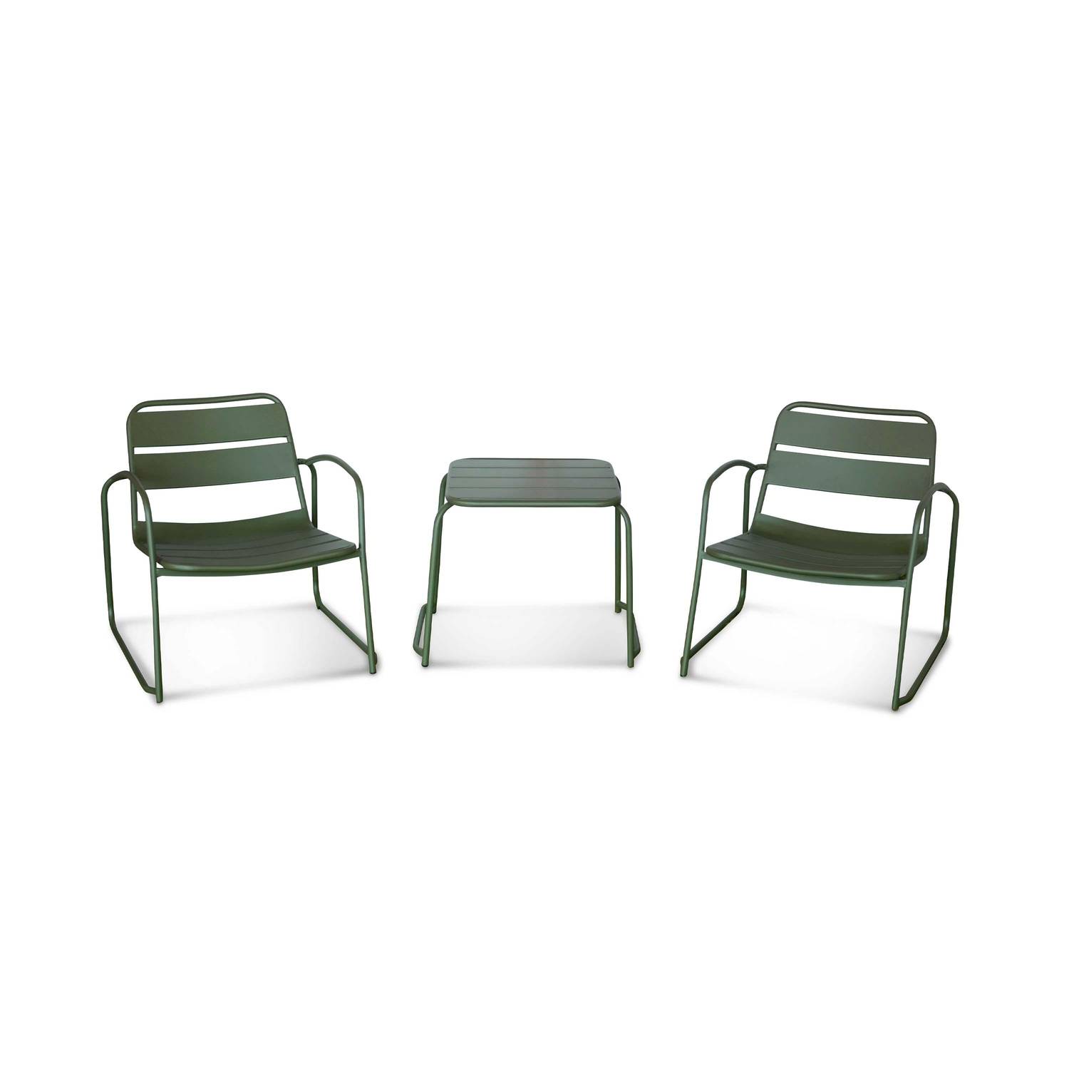 Suzana - set de jardin relax en métal 2 personnes vert de gris foncé 2 fauteuils 1 table d'appoint Photo5