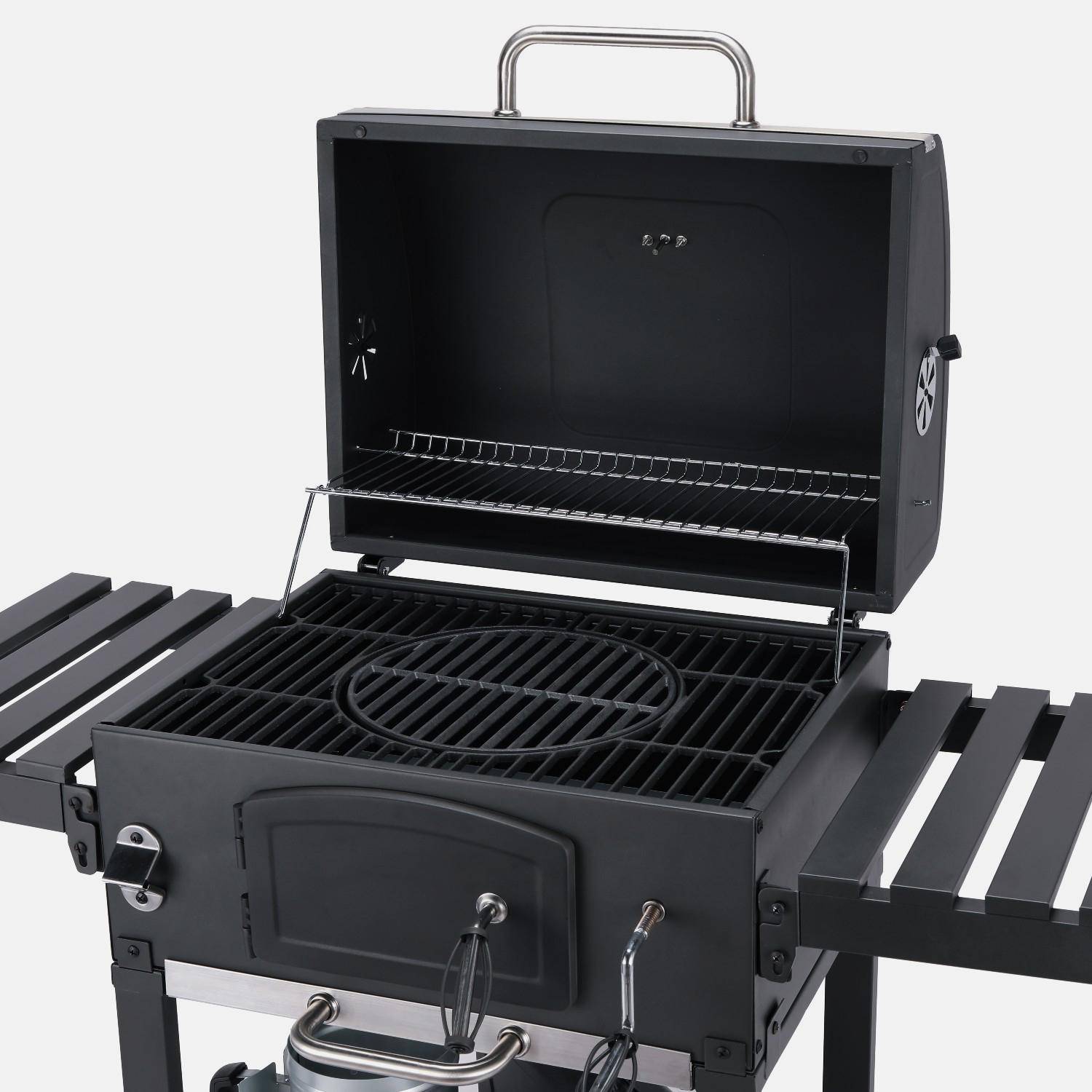 Barbecue Grill charbon de bois noir - Fumoir avec récupérateur de cendres, aérateurs, bac charbon ajustable et tablettes rabattables,sweeek,Photo3