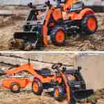 Tractopelle à pédales Kubota orange pour enfant - Ben - Tracteur avec excavatrice arrière et remorque incluse Photo2